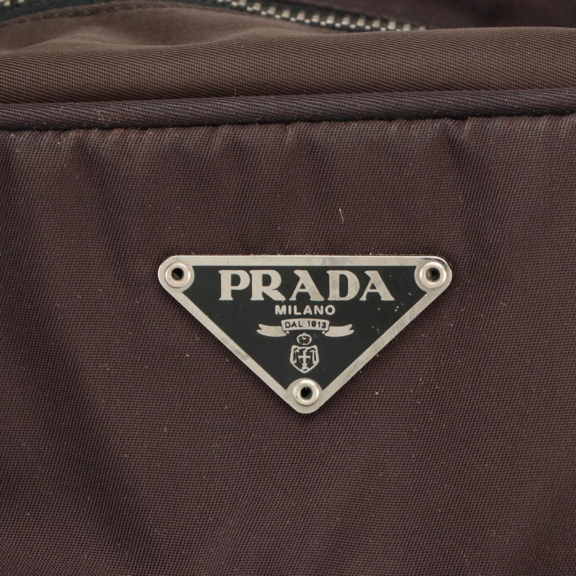 Prada Double Front Pocket Handbag in Deep Plum Tessuto Nylon and Black Leather