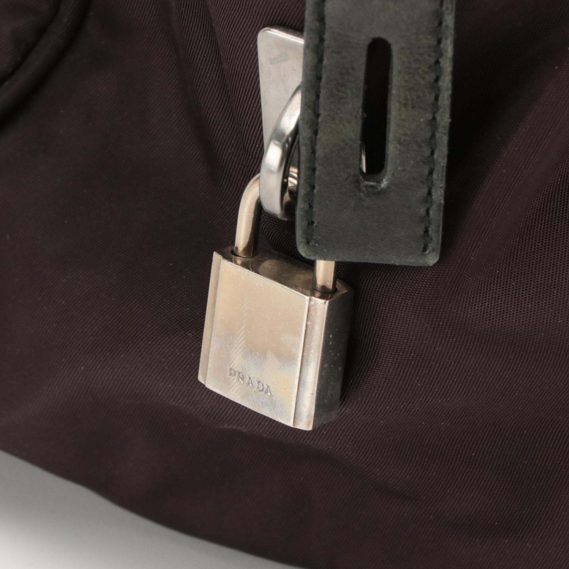 Prada Double Front Pocket Handbag in Deep Plum Tessuto Nylon and Black Leather