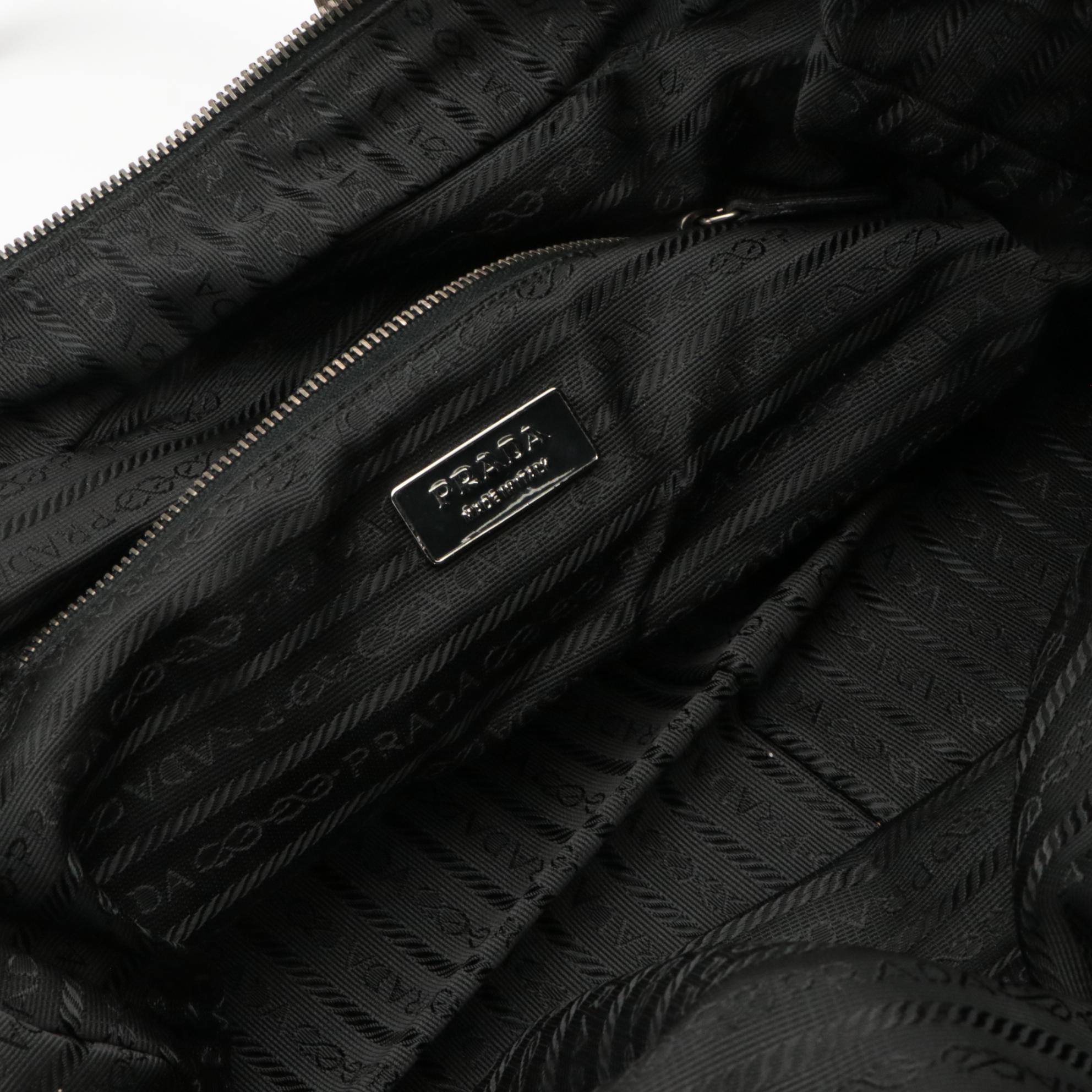 Prada Double Front Pocket Handbag in Deep Plum Tessuto Nylon and Black Leather