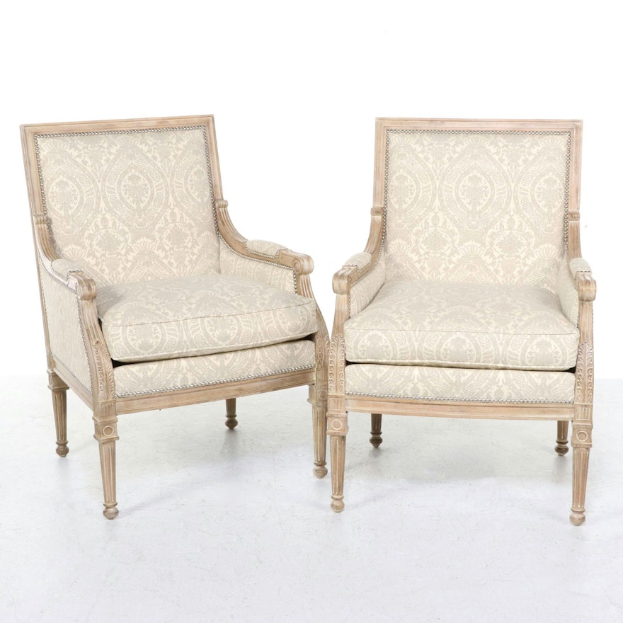 Pair of Lillian August Louis XVI Style Cerused Hardwood and Upholstered Bergères
