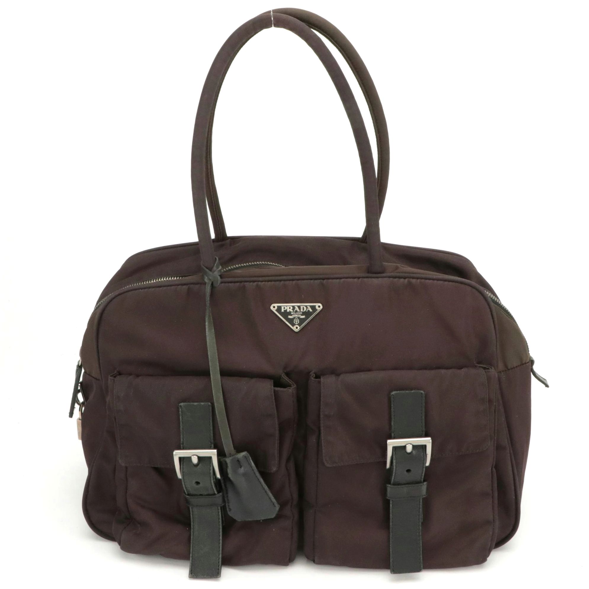 Prada Double Front Pocket Handbag in Deep Plum Tessuto Nylon and Black Leather