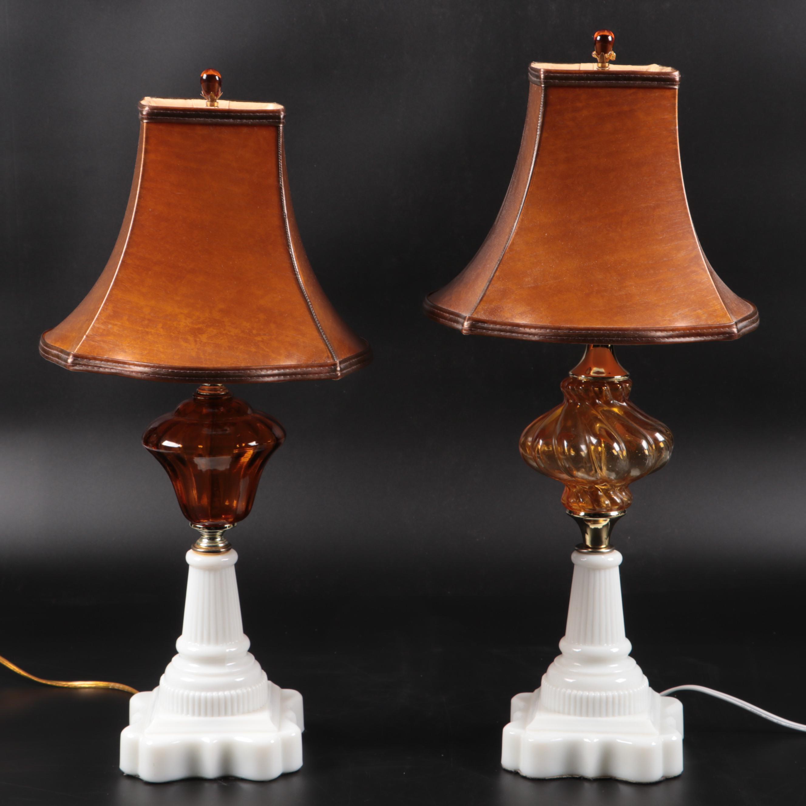 Mid-Century Aladdin Glass Desk Lamp, Milk Glass and Amber Glass Table Lamps
