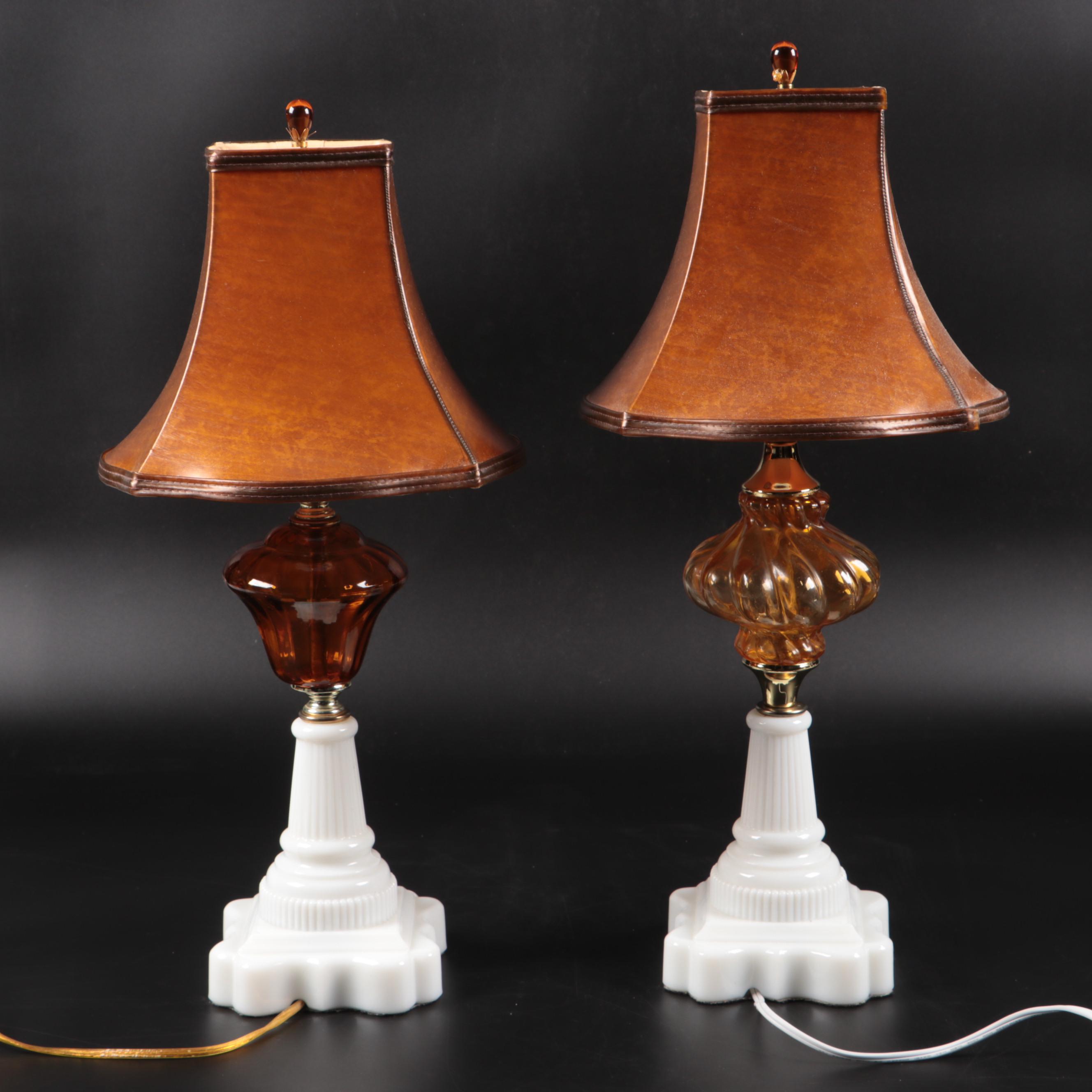 Mid-Century Aladdin Glass Desk Lamp, Milk Glass and Amber Glass Table Lamps