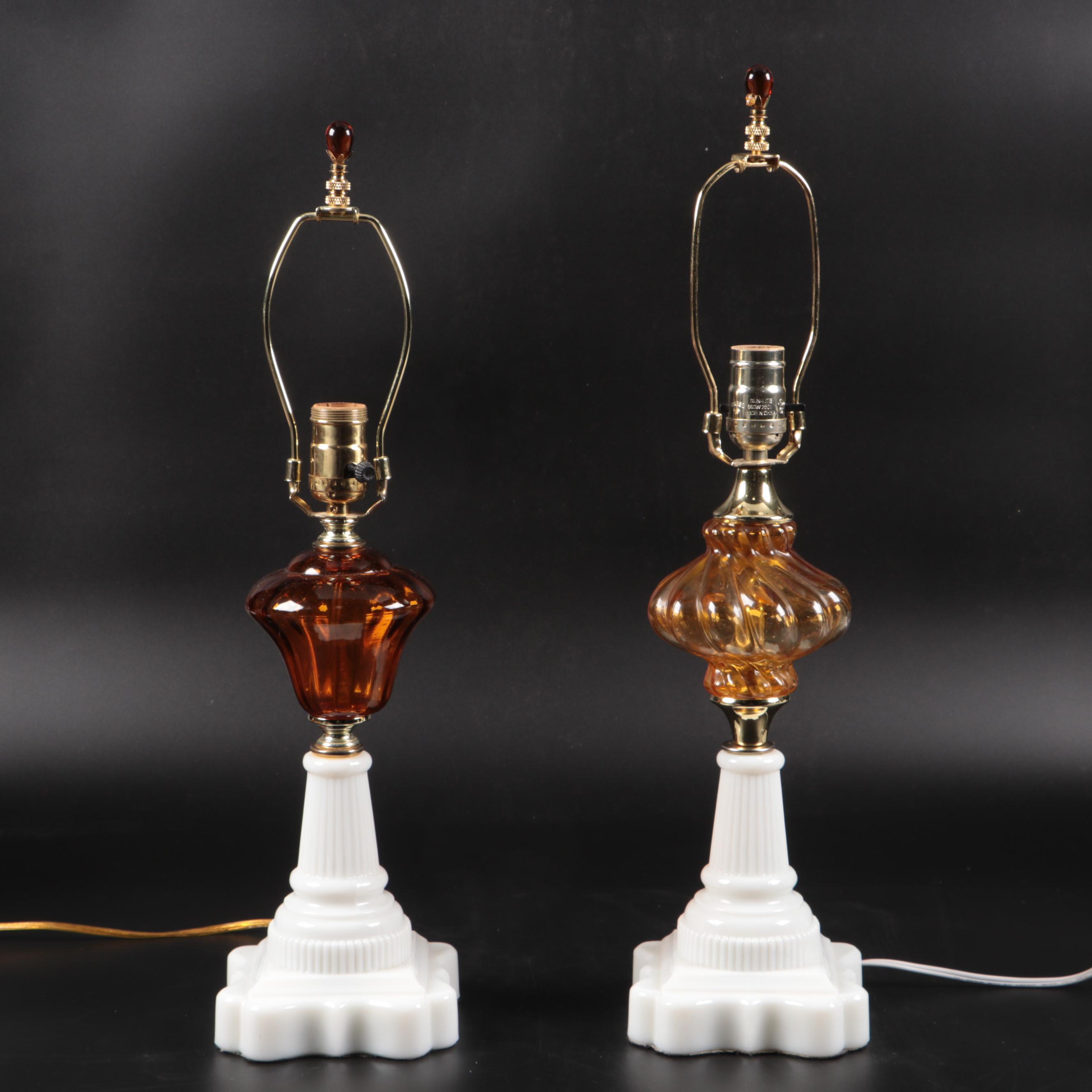 Mid-Century Aladdin Glass Desk Lamp, Milk Glass and Amber Glass Table Lamps