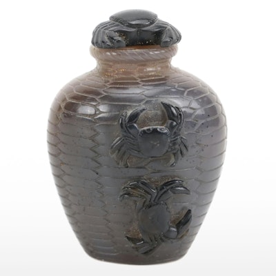 Chinese Hand-Carved Banded Agate Snuff Bottle With Crab Theme