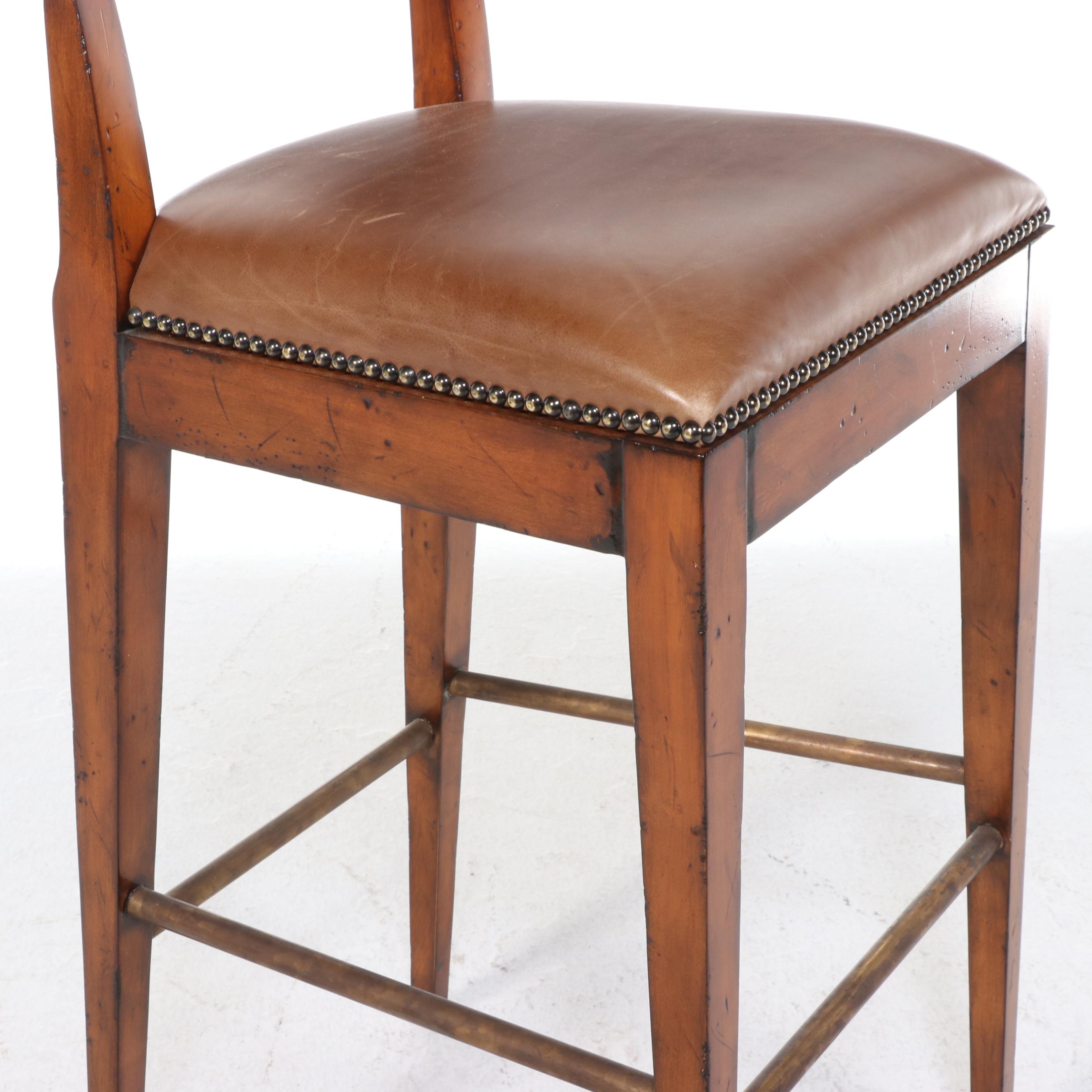 Three Henredon "Acquisitions" Brass-Mounted Fruitwood and Leather Bar Stools