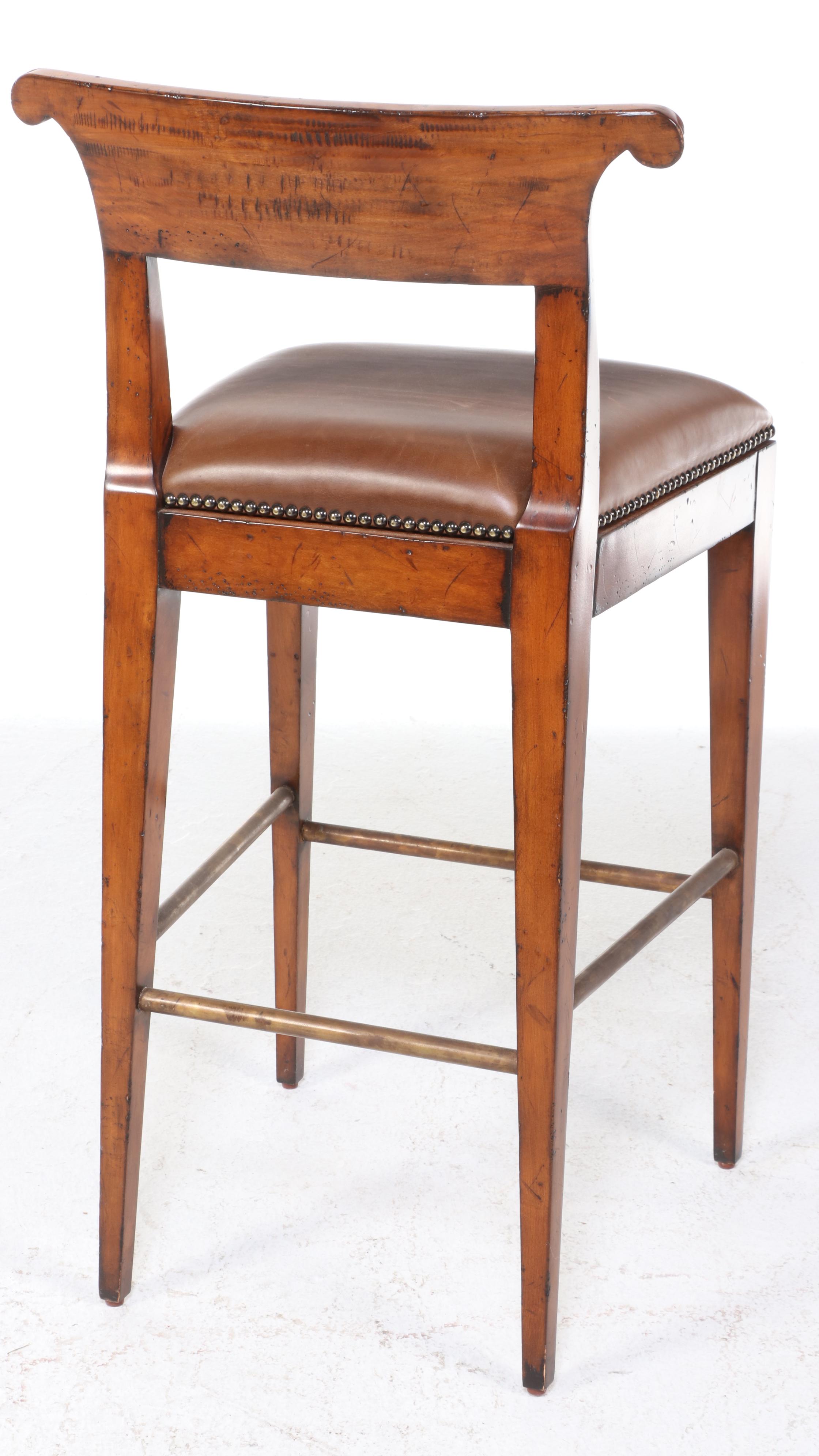 Three Henredon "Acquisitions" Brass-Mounted Fruitwood and Leather Bar Stools