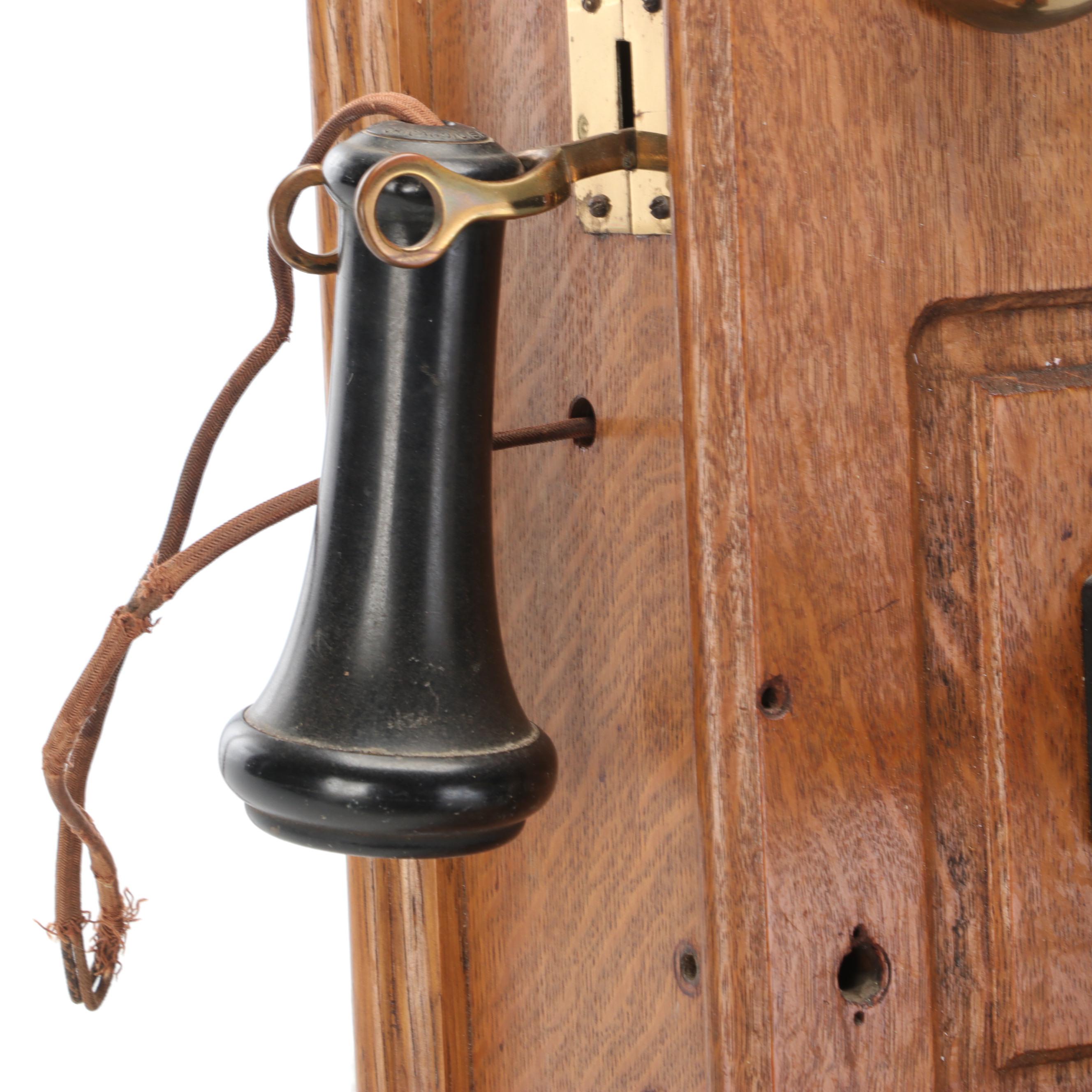Kellogg Oak and Brass Wall Mounted Hand-Crank Phone, Late 19th/Early 20th C.
