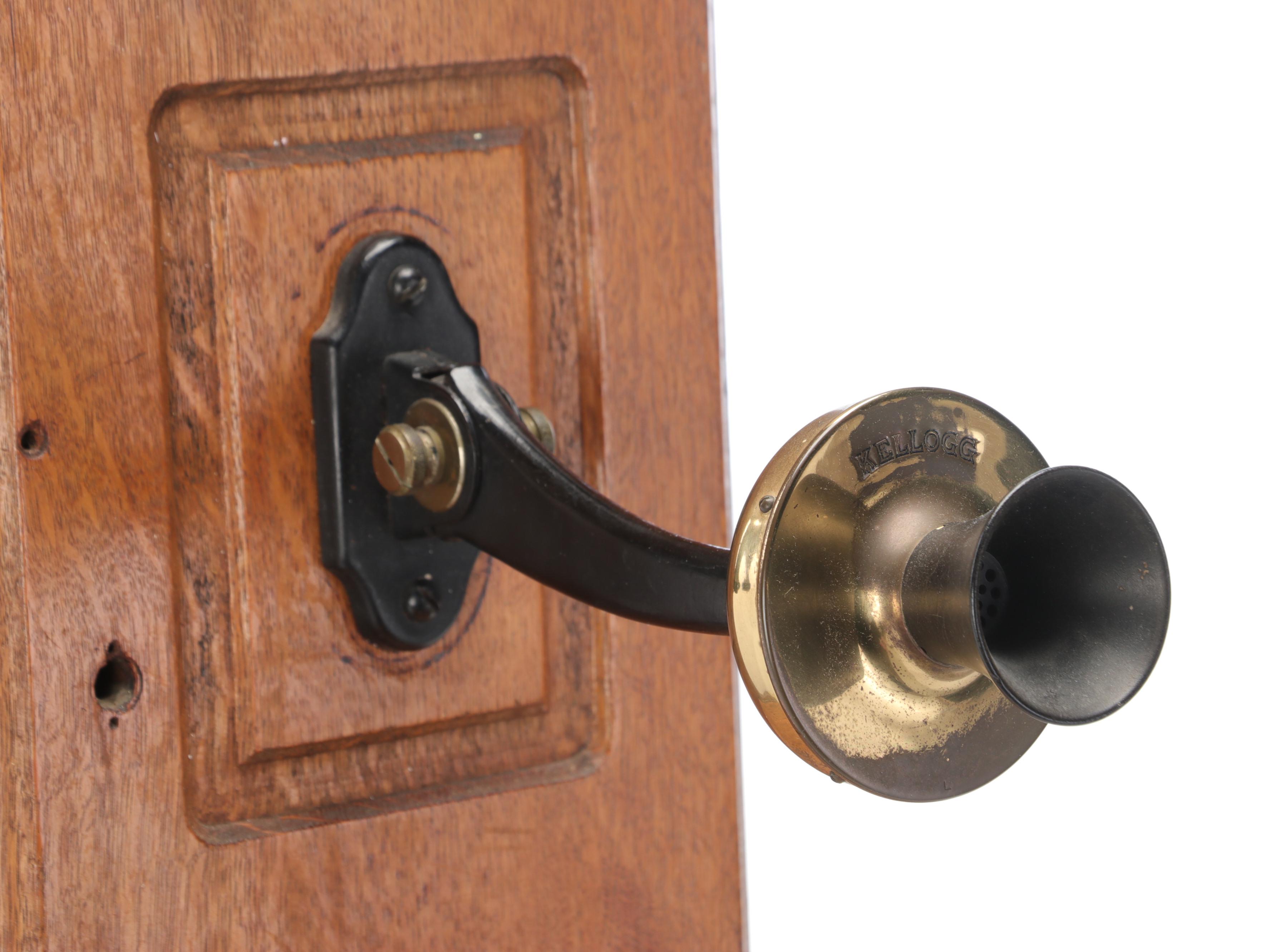 Kellogg Oak and Brass Wall Mounted Hand-Crank Phone, Late 19th/Early 20th C.