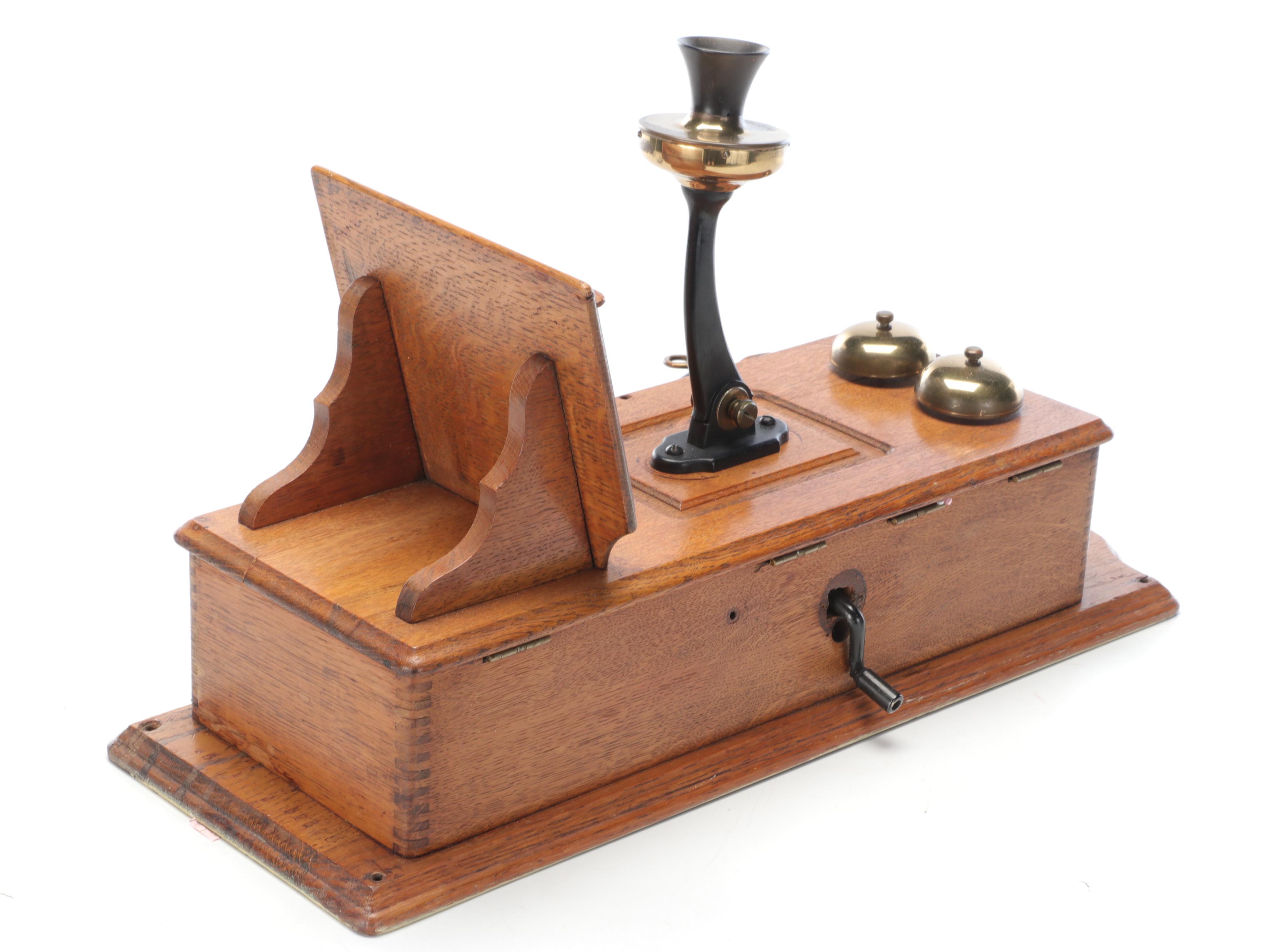 Kellogg Oak and Brass Wall Mounted Hand-Crank Phone, Late 19th/Early 20th C.
