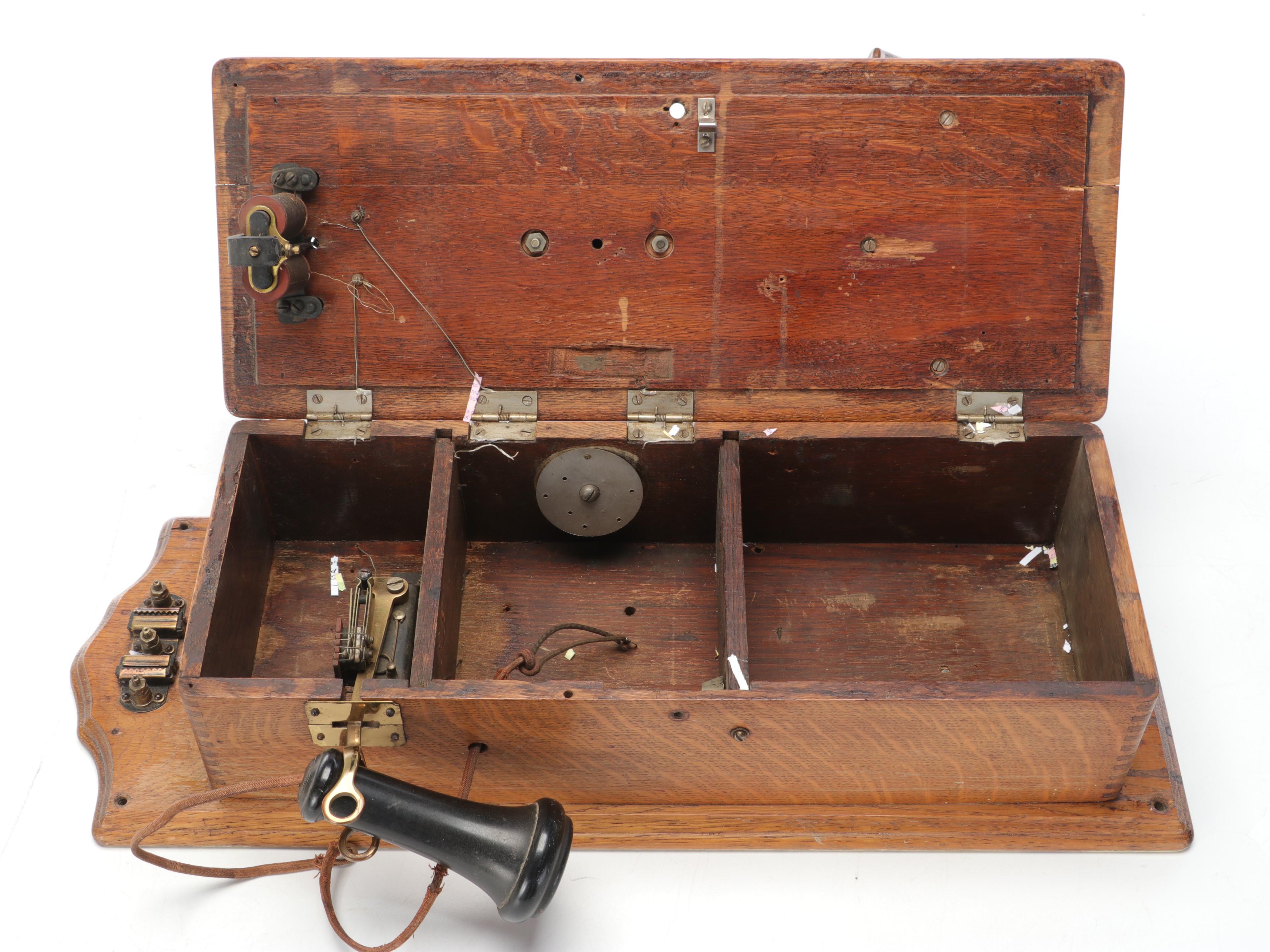 Kellogg Oak and Brass Wall Mounted Hand-Crank Phone, Late 19th/Early 20th C.