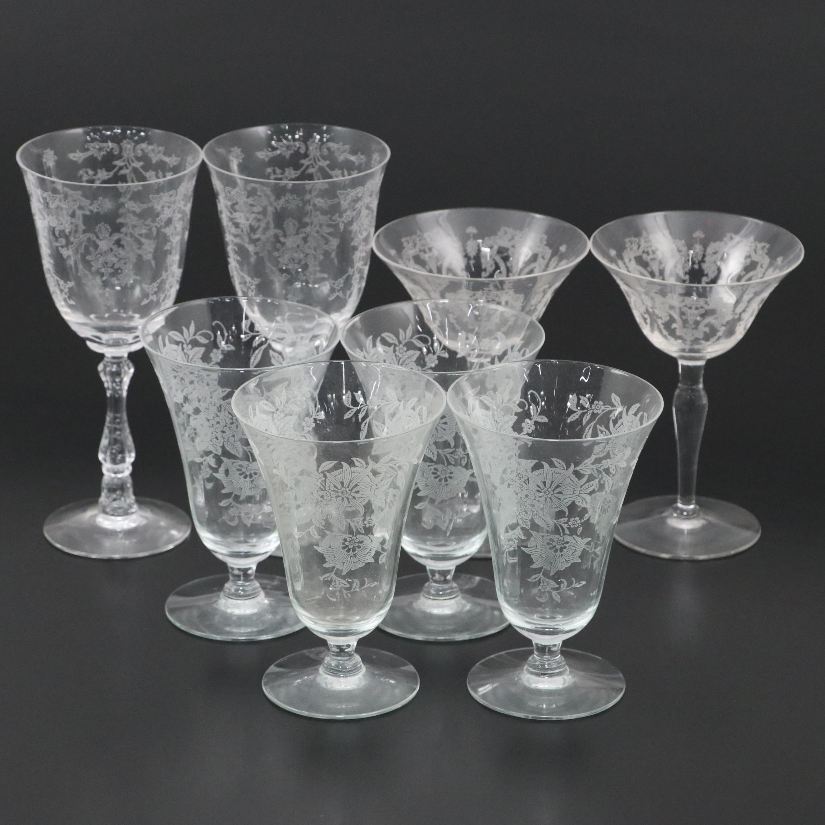 Fostoria "Navarre" and Other Needle Etched Stemware and Iced Tea Glasses