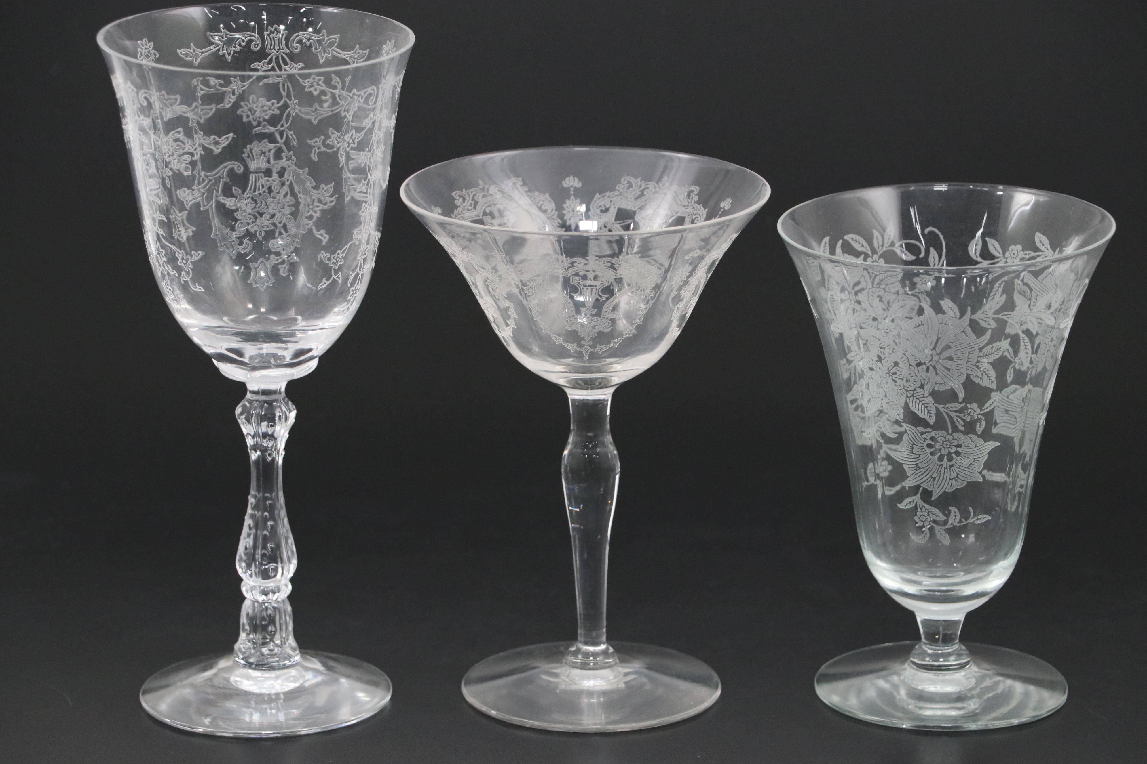 Fostoria "Navarre" and Other Needle Etched Stemware and Iced Tea Glasses