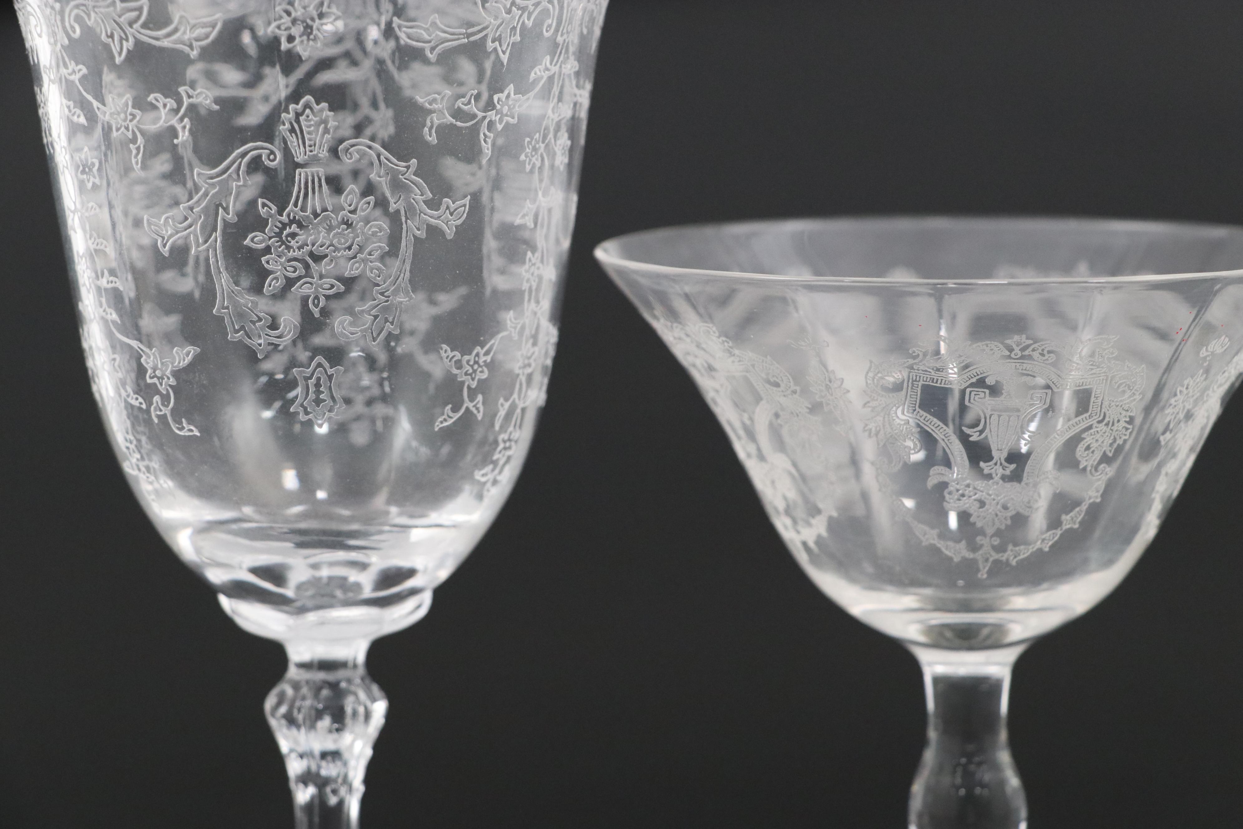 Fostoria "Navarre" and Other Needle Etched Stemware and Iced Tea Glasses