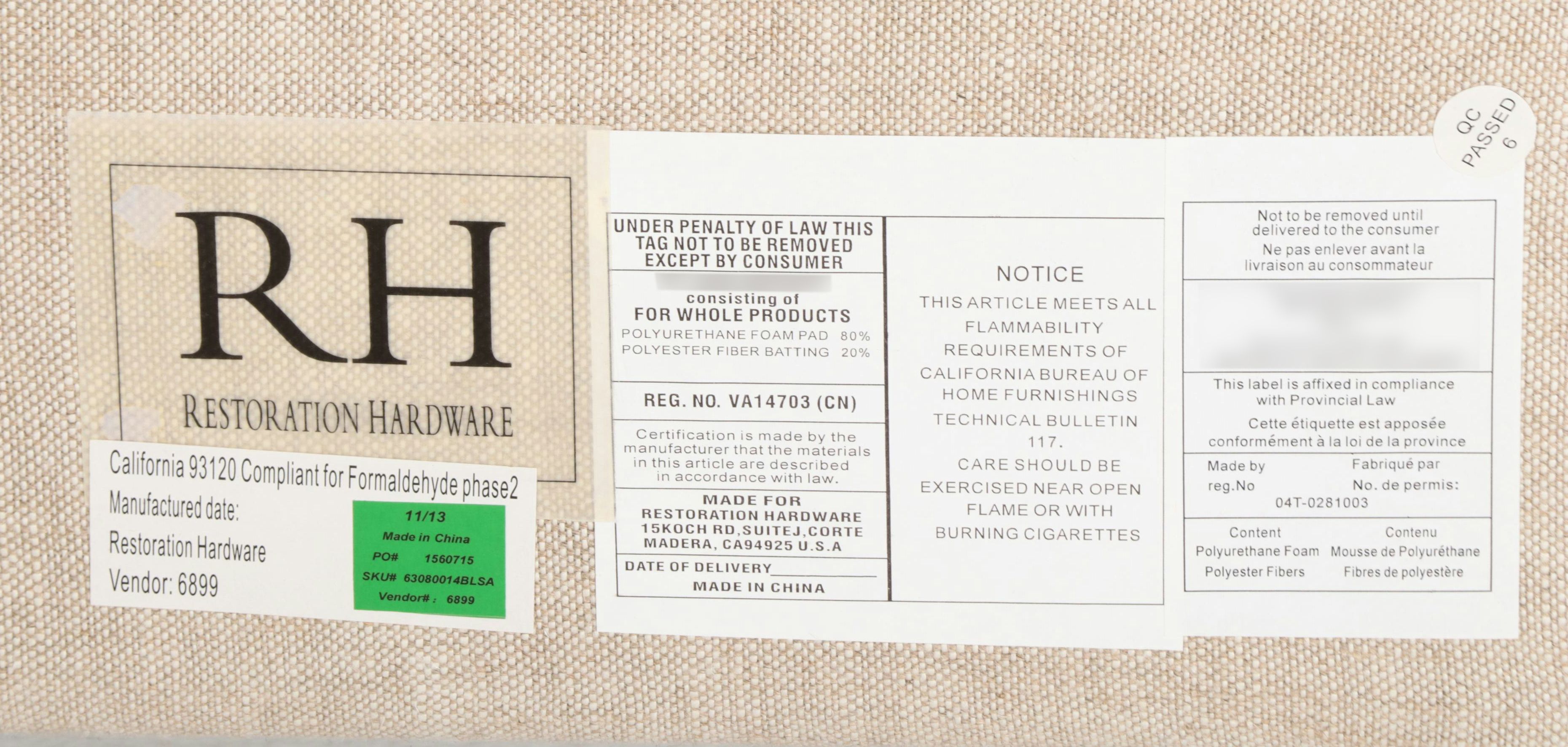 Restoration Hardware Queen Tufted Upholstered Bed Frame