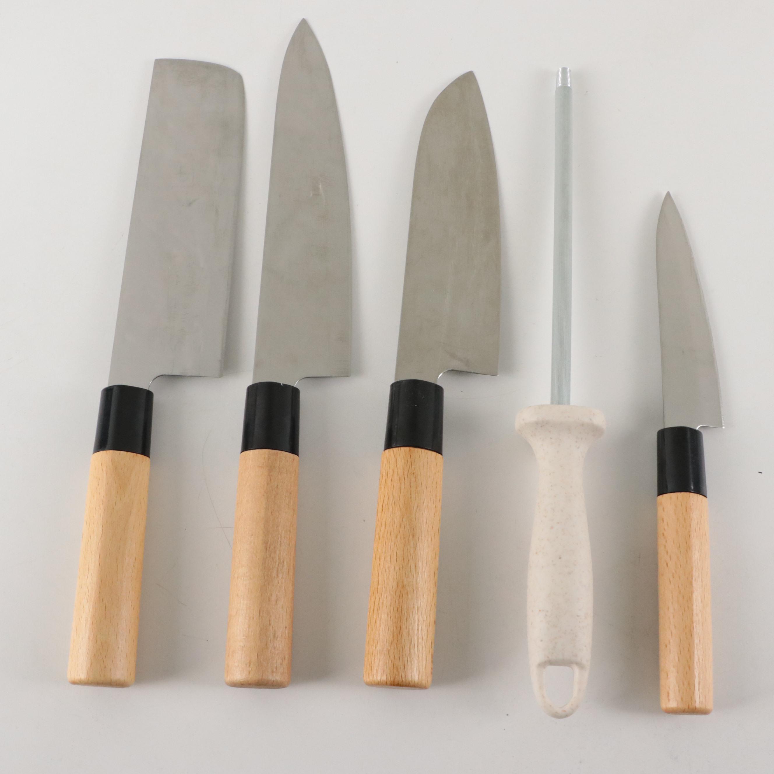 Hiroshi Stainless Steel Wood-Handled Kitchen Knife Set with Sharpening Steel