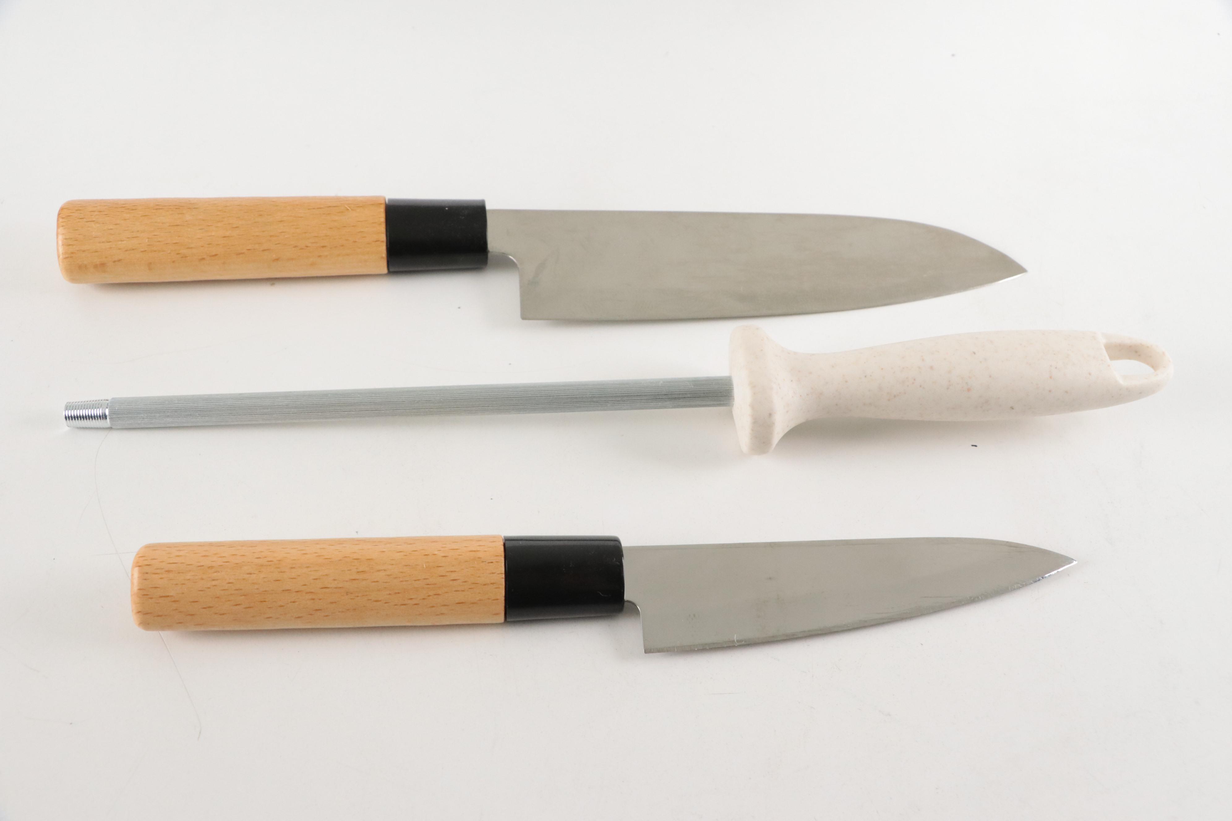 Hiroshi Stainless Steel Wood-Handled Kitchen Knife Set with Sharpening Steel
