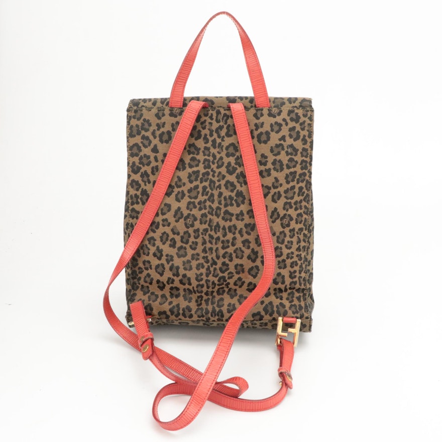 Fendi Leopard Canvas and Red Textured Leather Backpack | EBTH