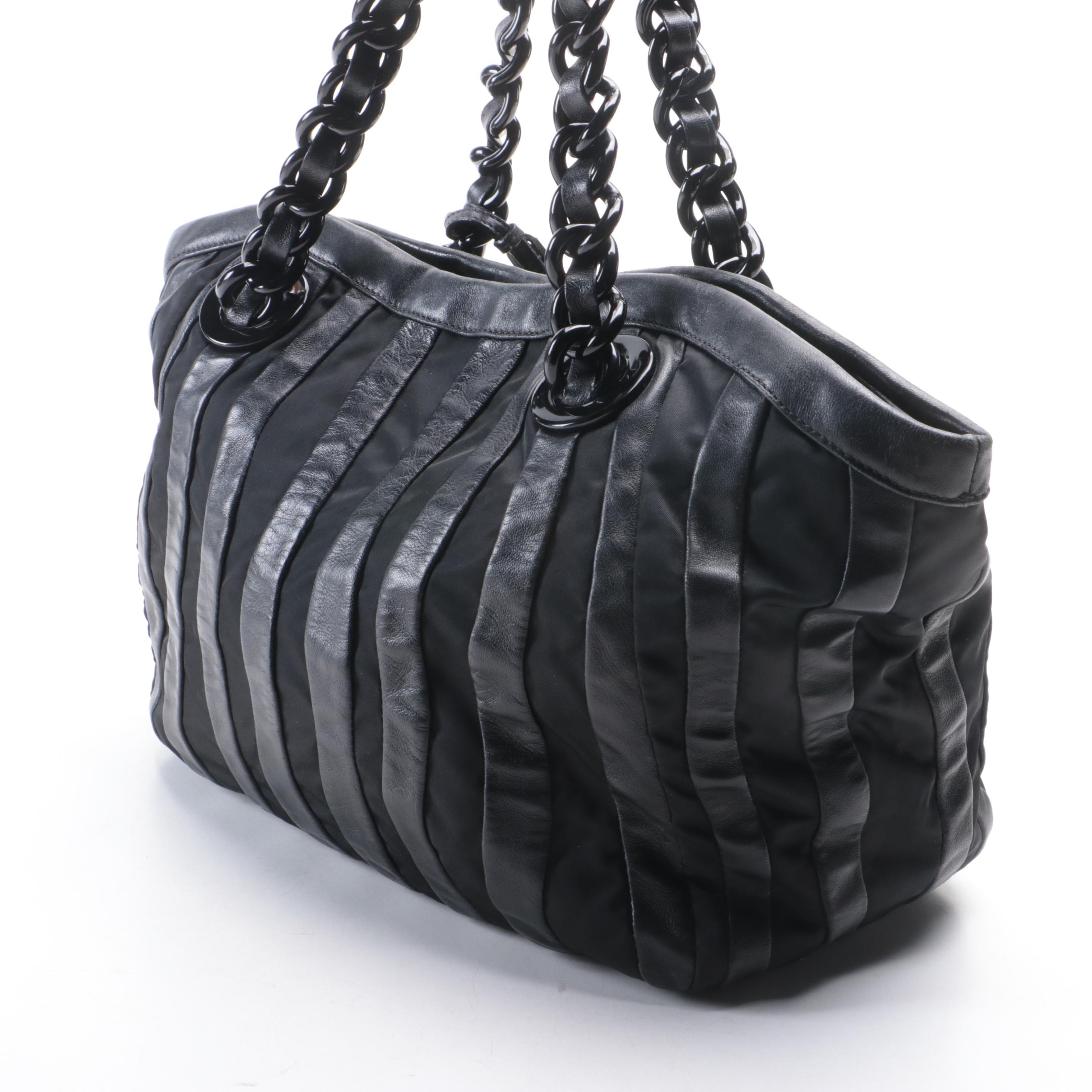 Prada Waves Chain-Link Shoulder Tote in Black Tessuto Nylon and Nappa Leather