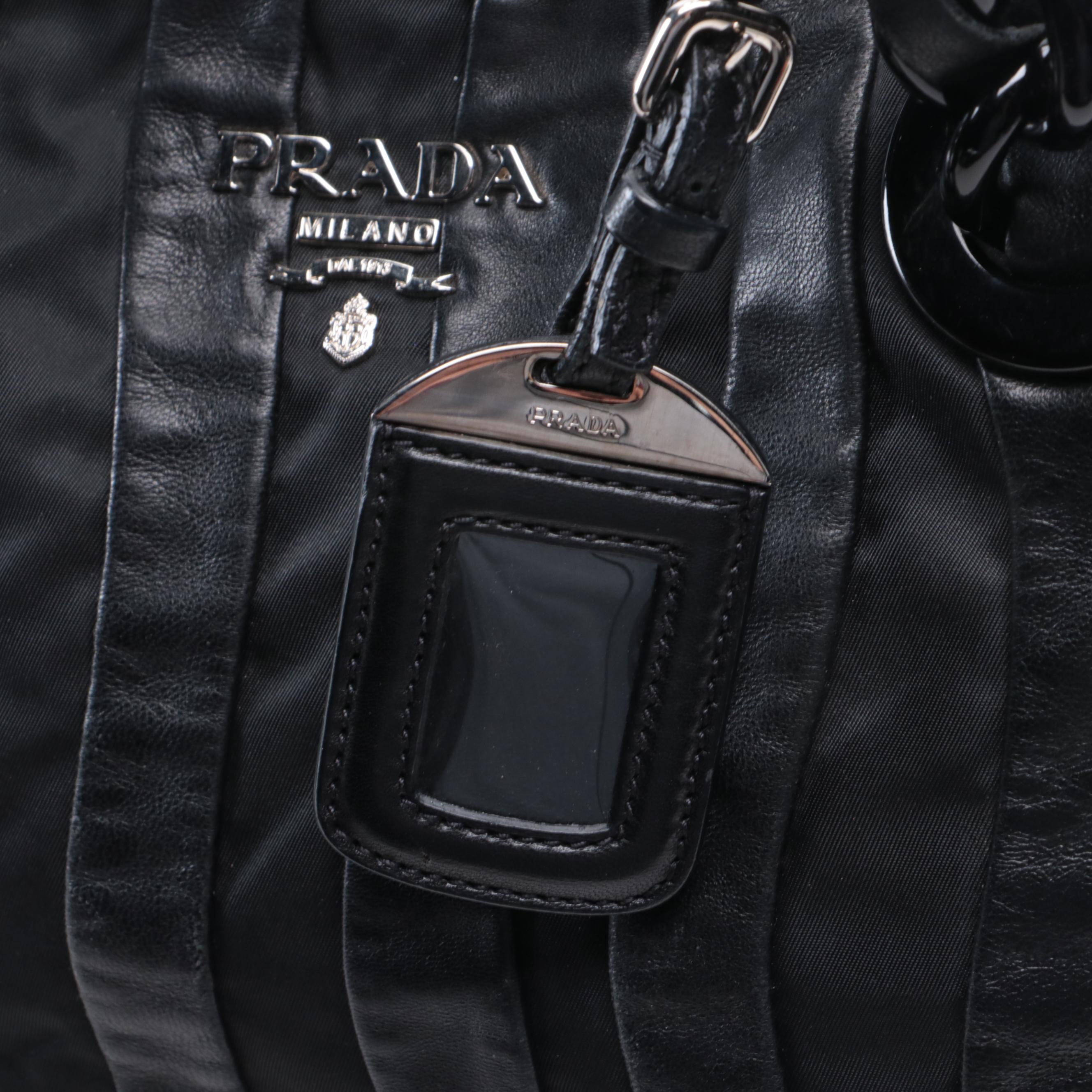 Prada Waves Chain-Link Shoulder Tote in Black Tessuto Nylon and Nappa Leather