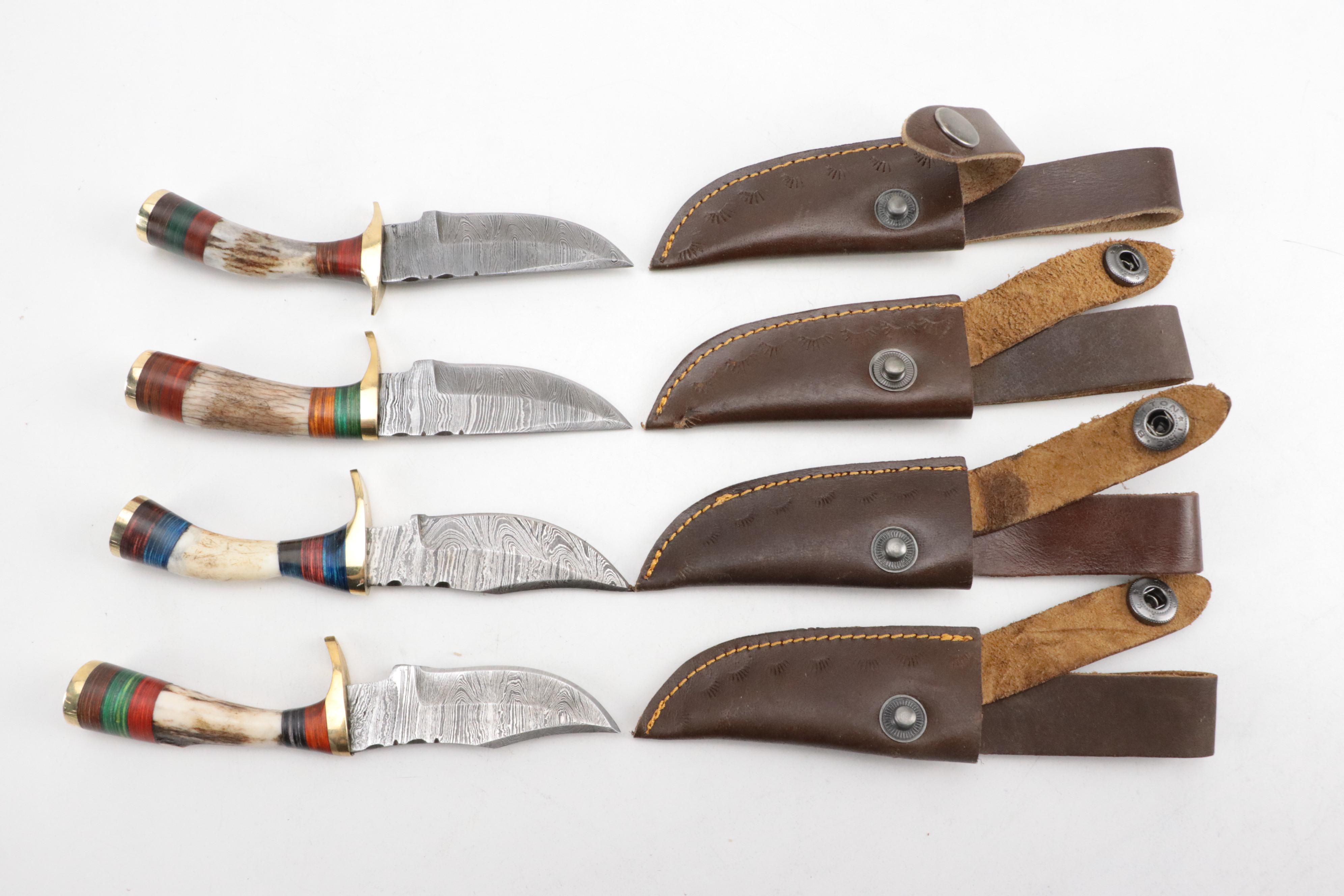 Horn-Handled Damascus Steel Fixed Blade Knives with Leather Sheaths