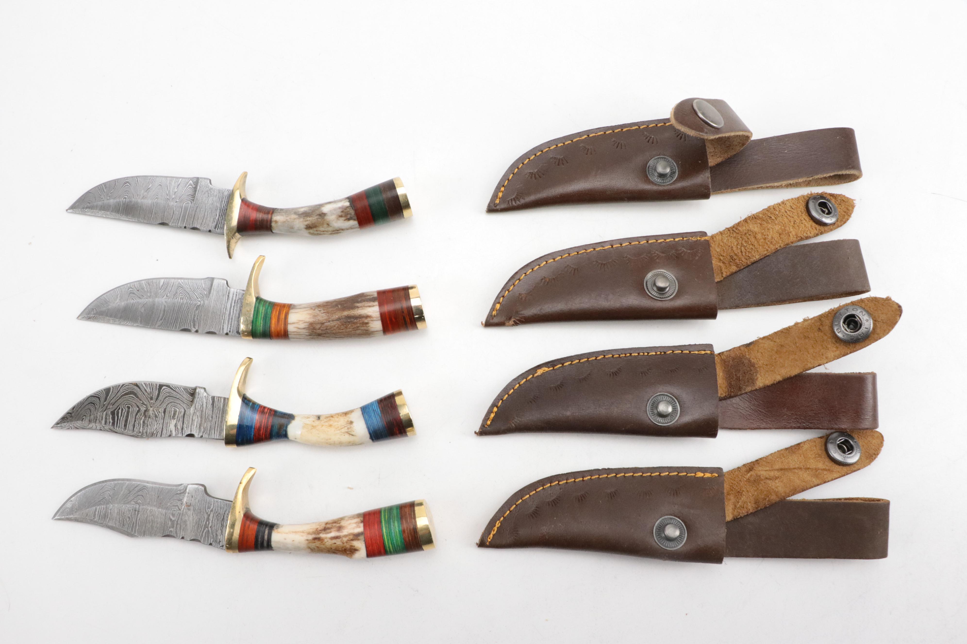 Horn-Handled Damascus Steel Fixed Blade Knives with Leather Sheaths