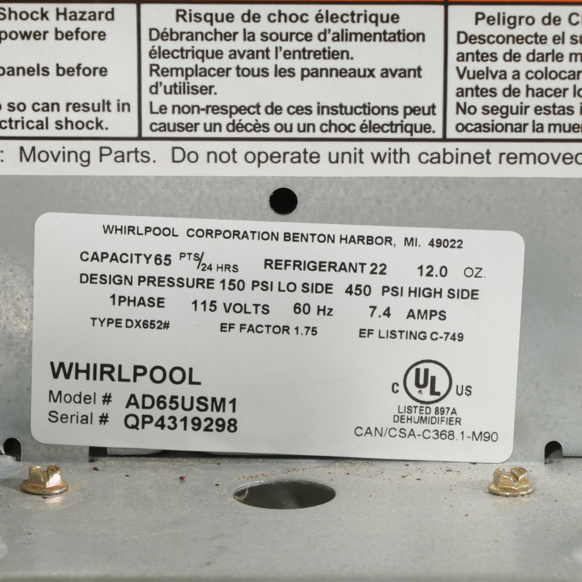 Whirlpool 65-Pint Dehumidifier on Casters