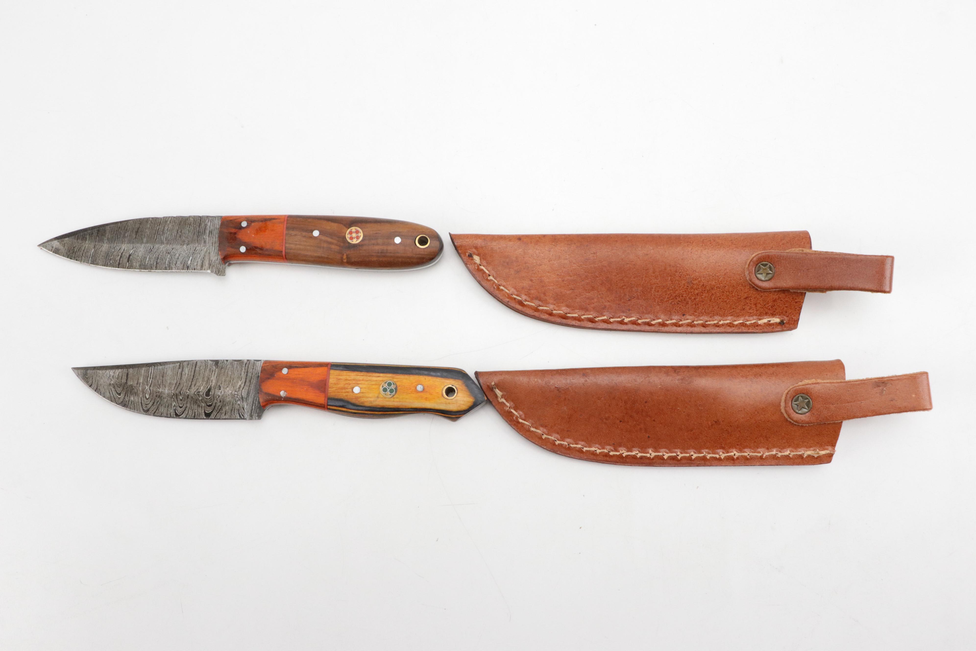 Damascus Steel Survival Knives with Leather Sheaths, Contemporary