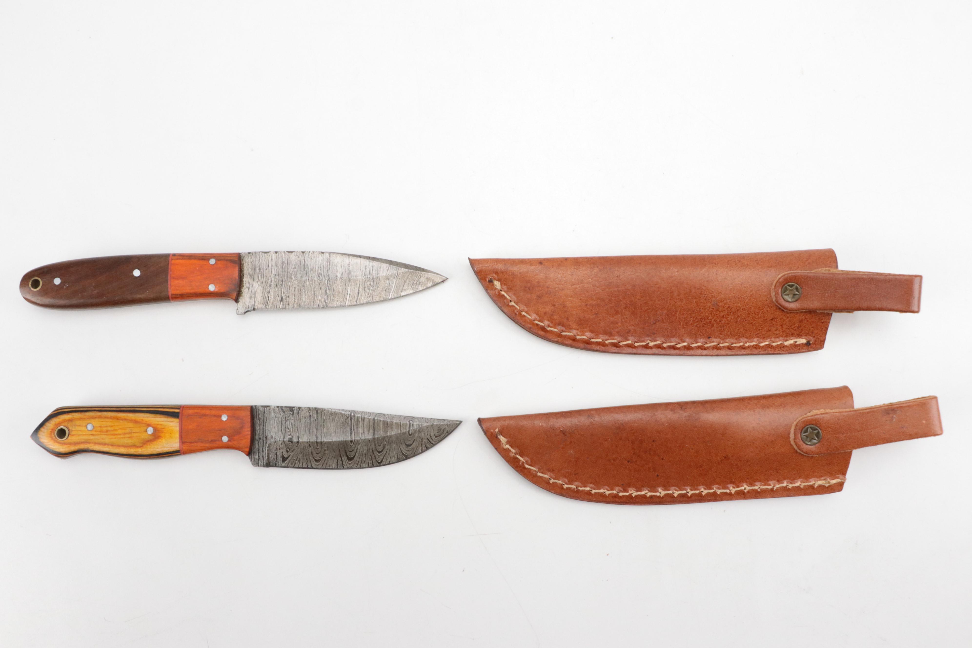 Damascus Steel Survival Knives with Leather Sheaths, Contemporary