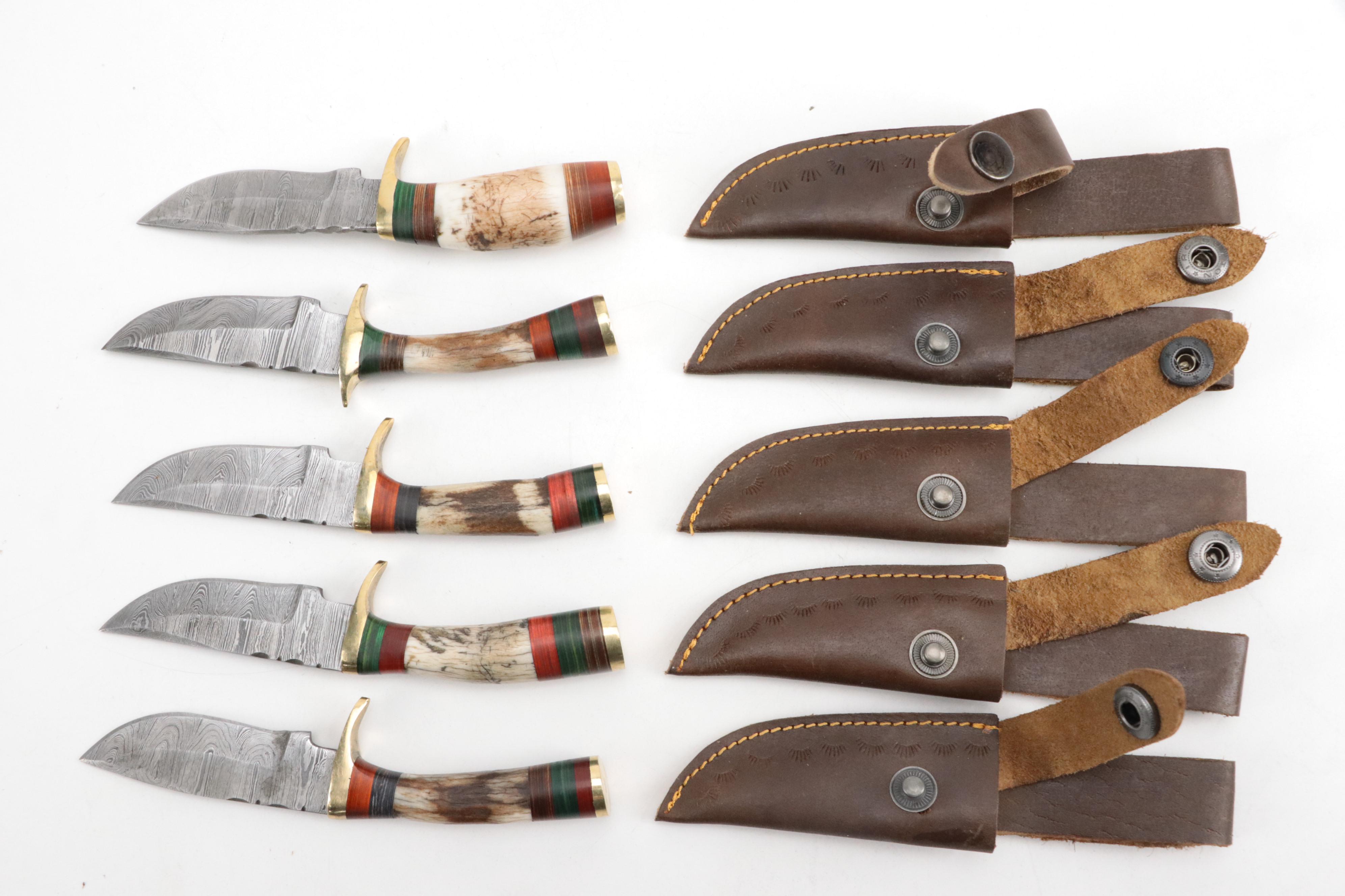 Damascus Steel Survival Knives with Leather Sheaths, Contemporary