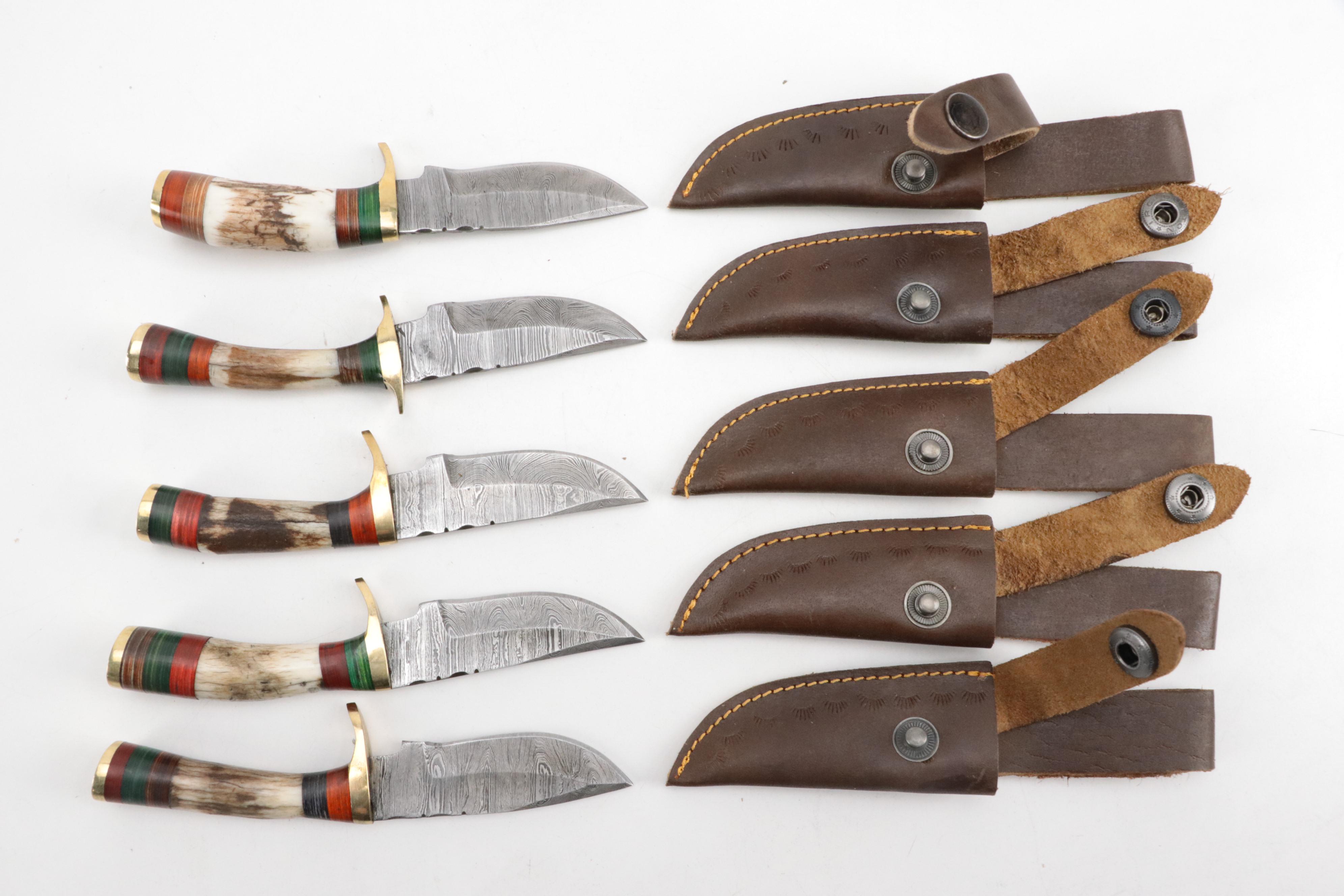 Damascus Steel Survival Knives with Leather Sheaths, Contemporary