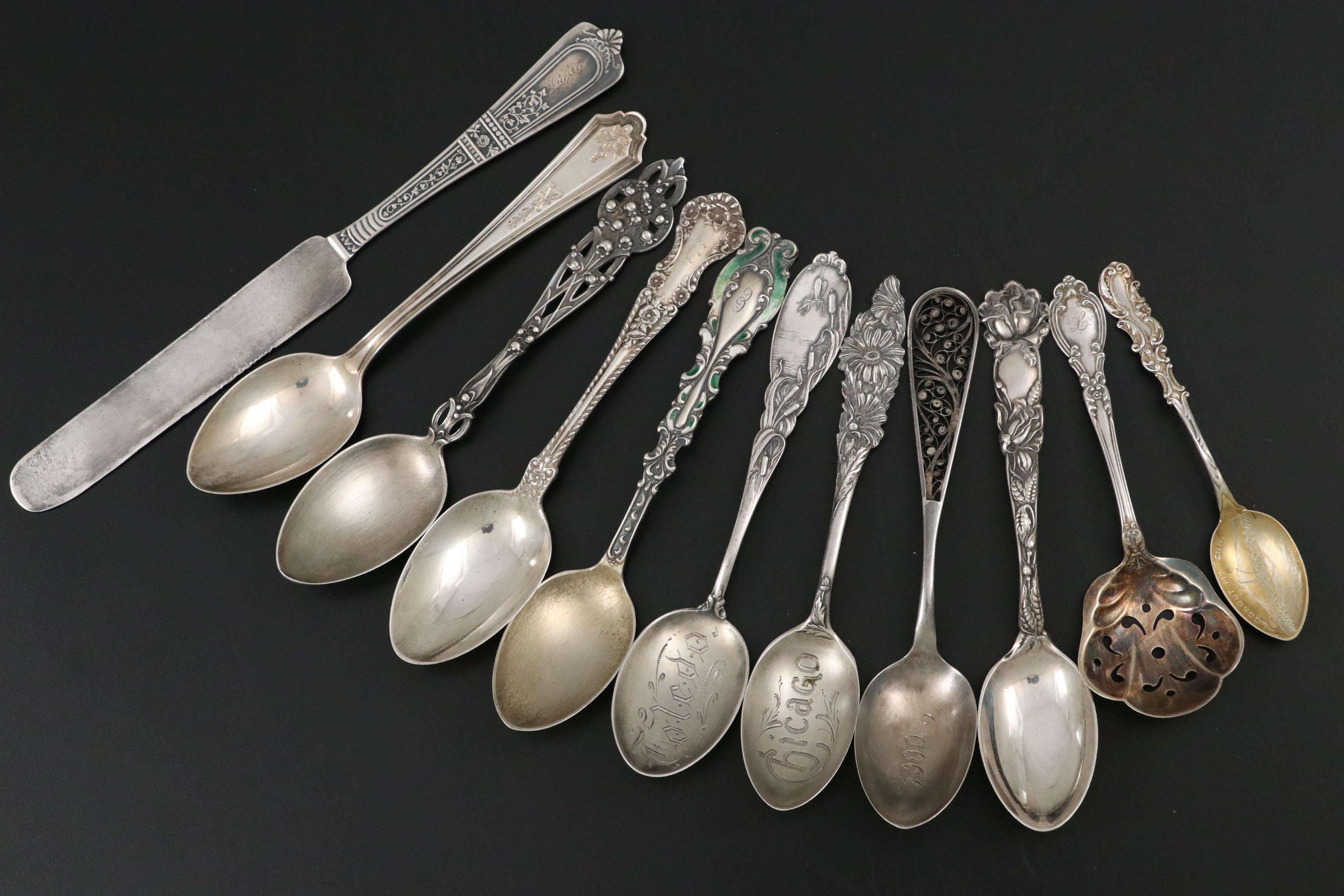 Gorham Sterling Silver Flatware and Souvenir Spoons with German 800 Silver Spoon