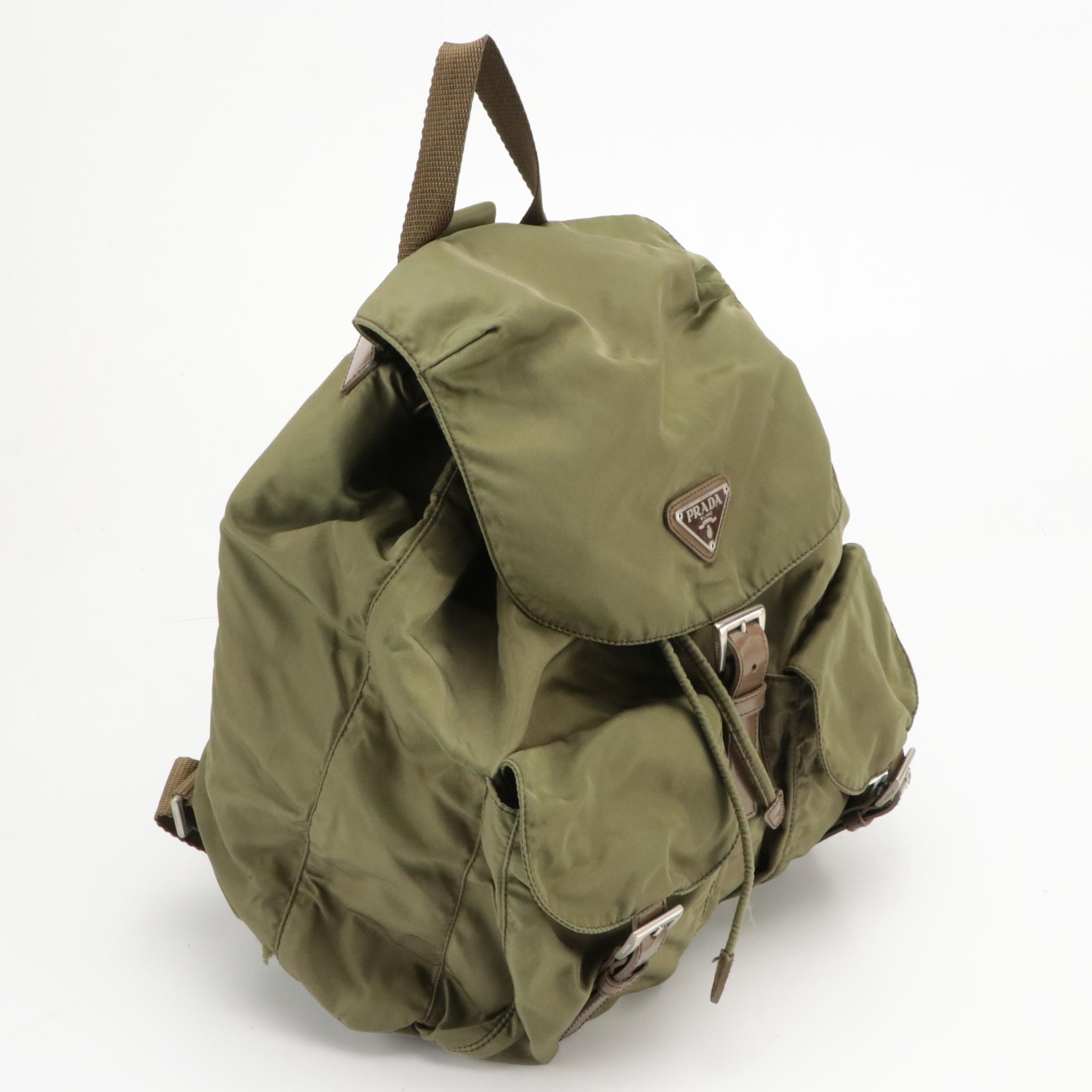 Prada Small Rucksack Backpack in Army Green Nylon Gabardine and Brown Leather