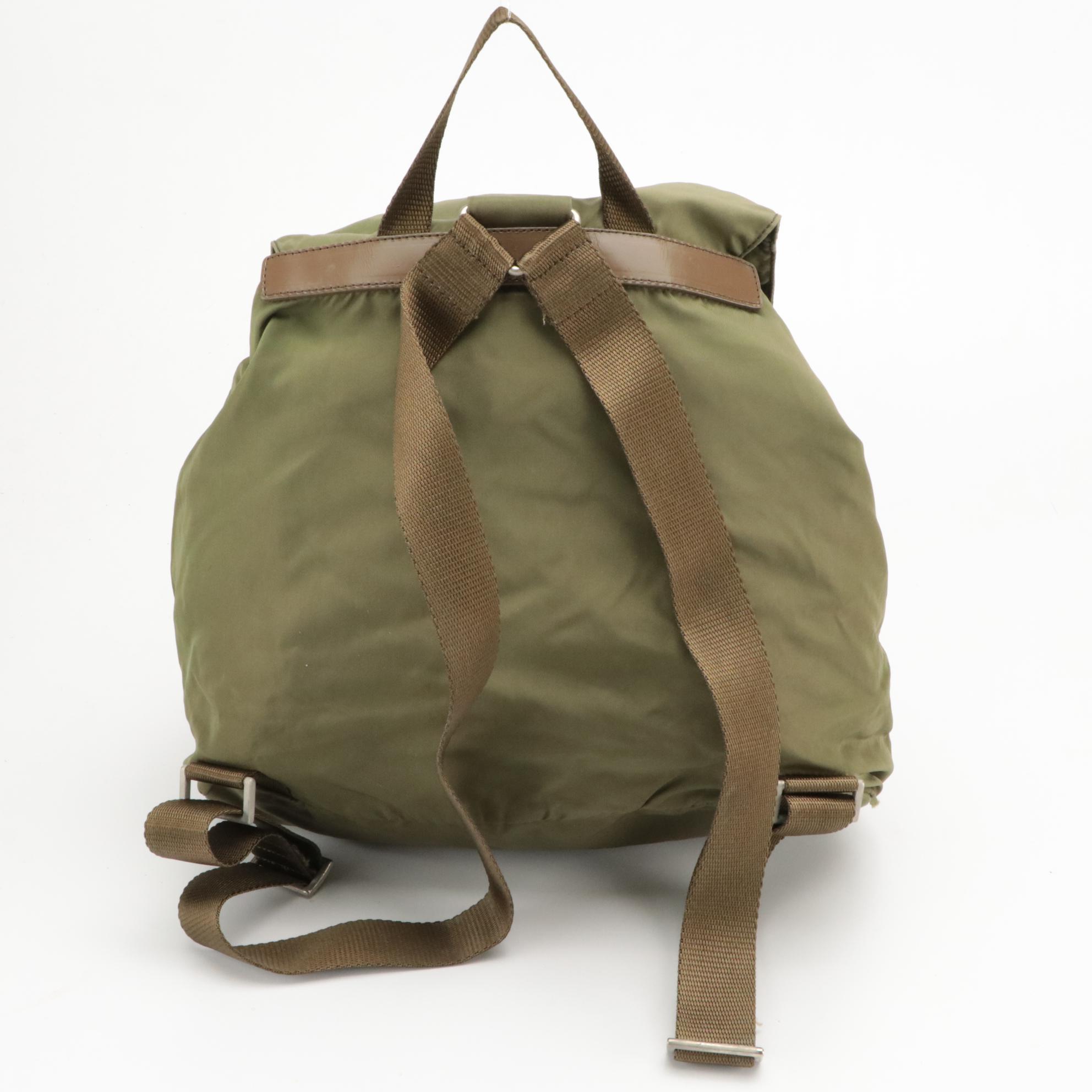 Prada Small Rucksack Backpack in Army Green Nylon Gabardine and Brown Leather
