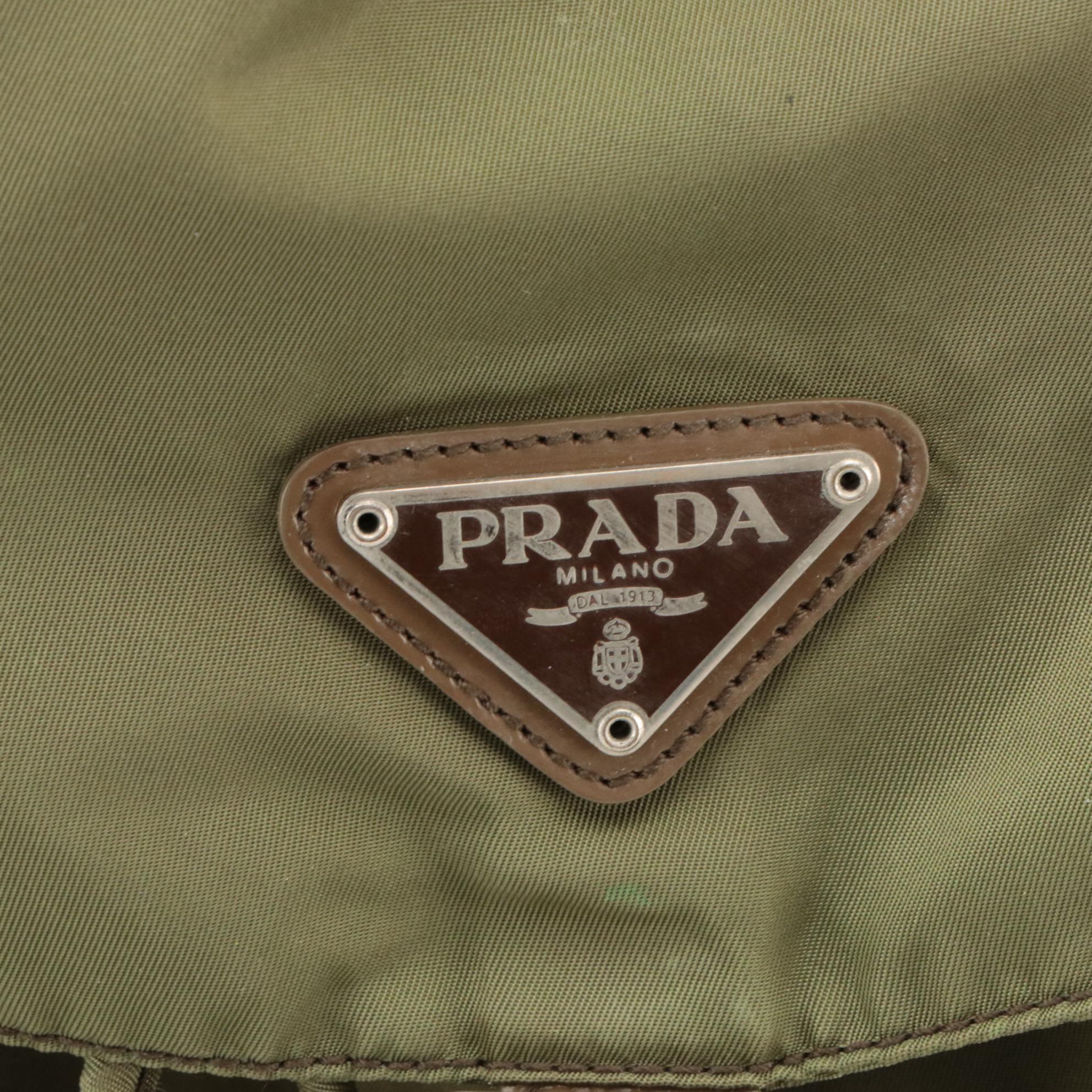 Prada Small Rucksack Backpack in Army Green Nylon Gabardine and Brown Leather