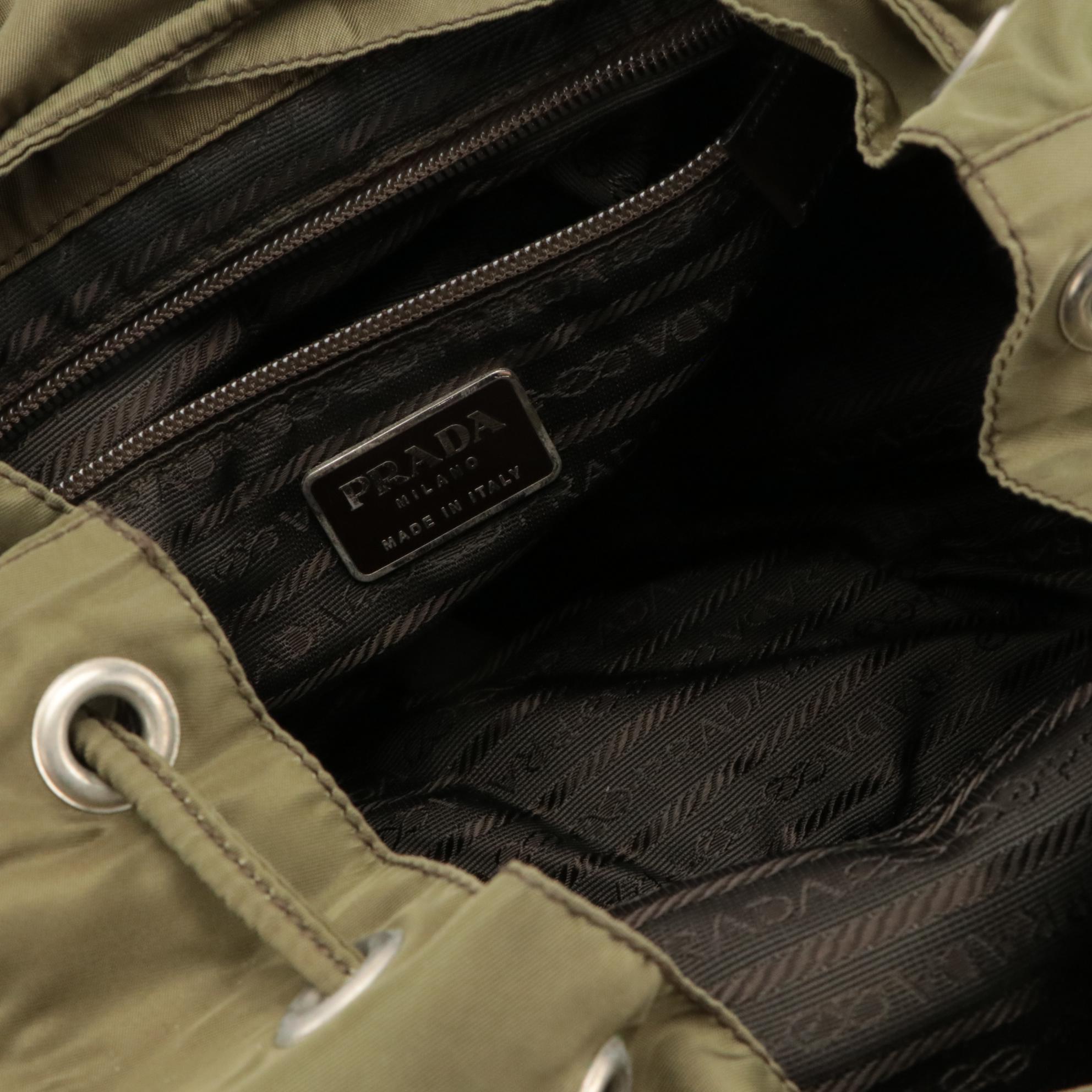 Prada Small Rucksack Backpack in Army Green Nylon Gabardine and Brown Leather