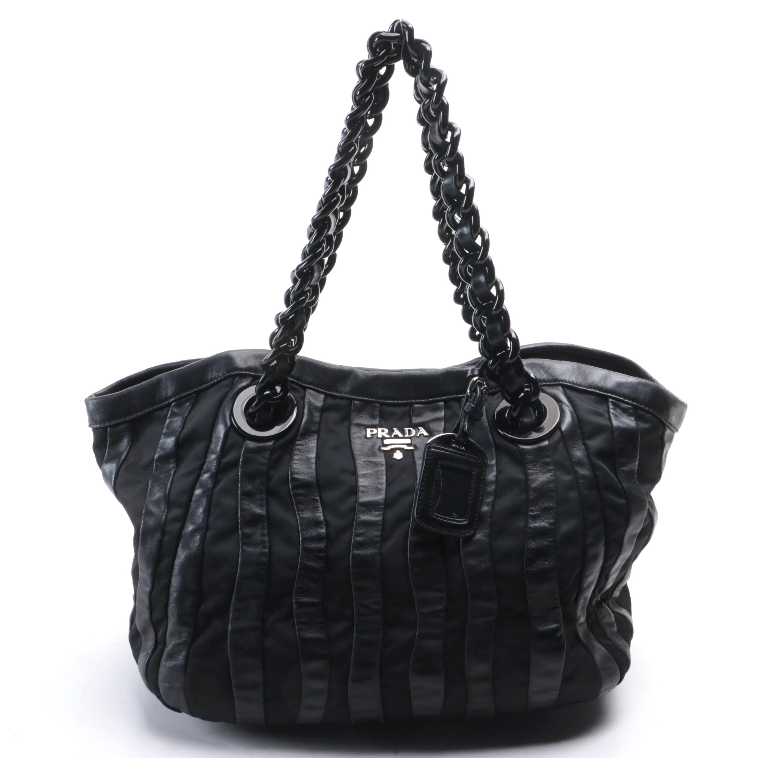 Prada Waves Chain-Link Shoulder Tote in Black Tessuto Nylon and Nappa Leather