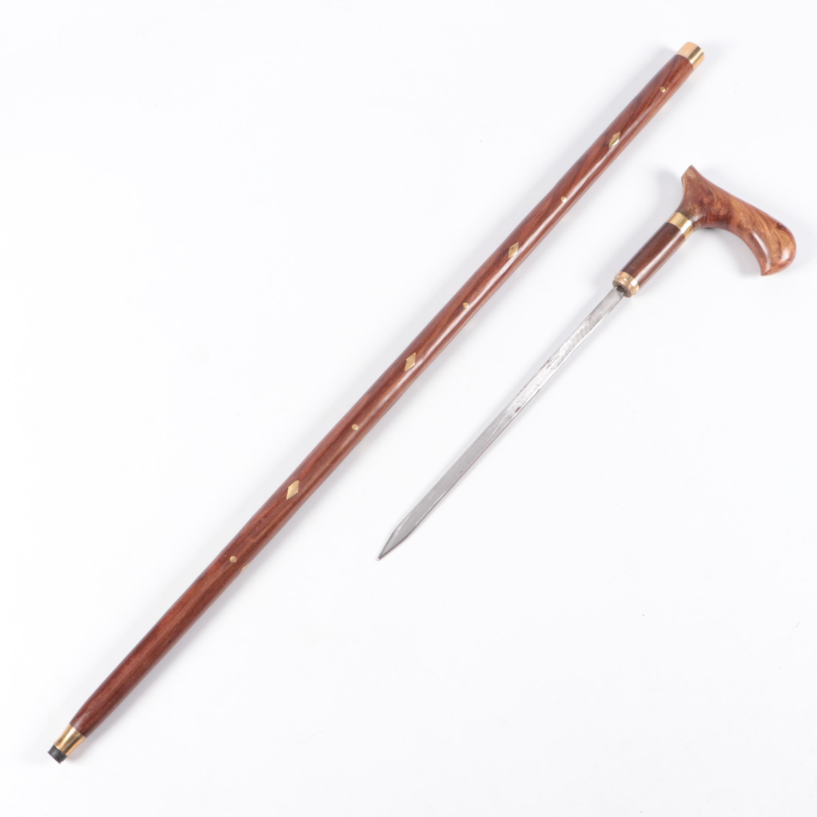Turned Wood Sword Cane with Inlay Brass Diamond Motif