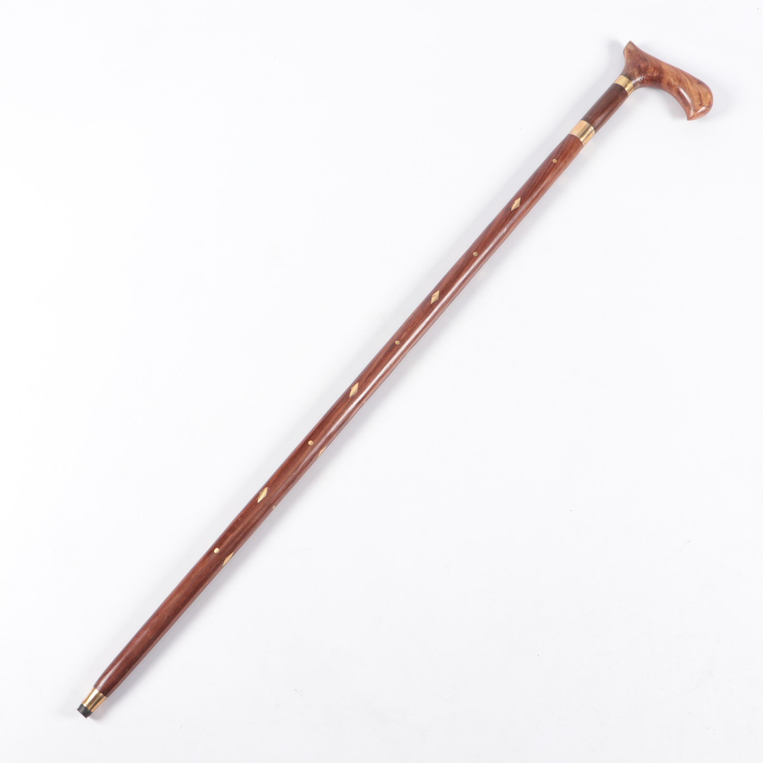 Turned Wood Sword Cane with Inlay Brass Diamond Motif