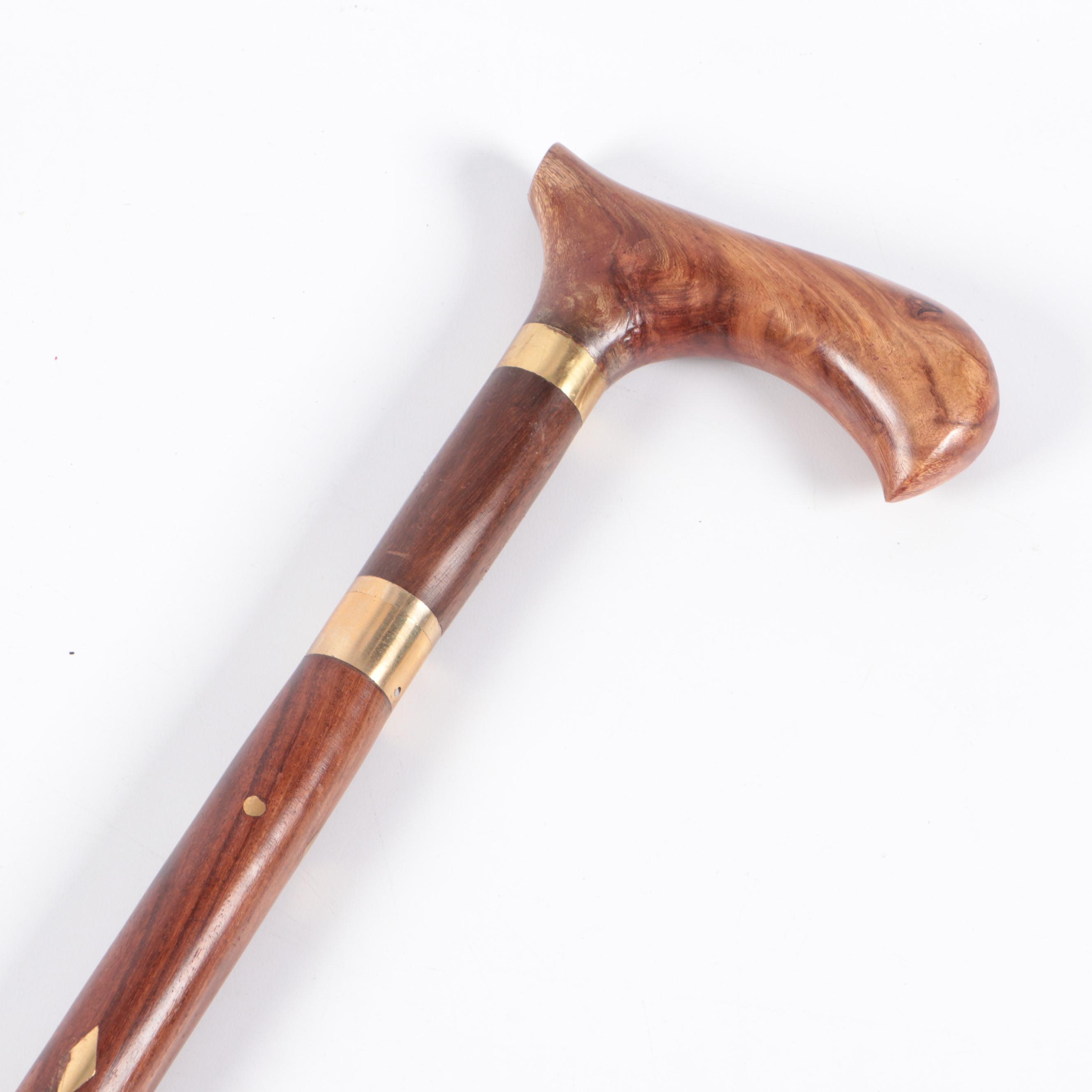 Turned Wood Sword Cane with Inlay Brass Diamond Motif