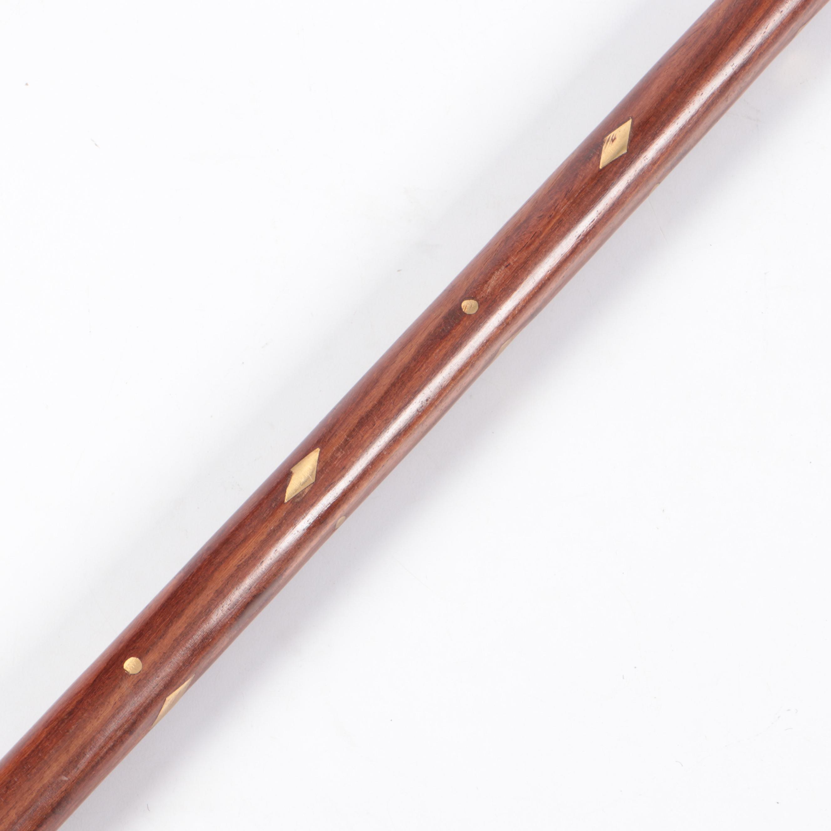 Turned Wood Sword Cane with Inlay Brass Diamond Motif