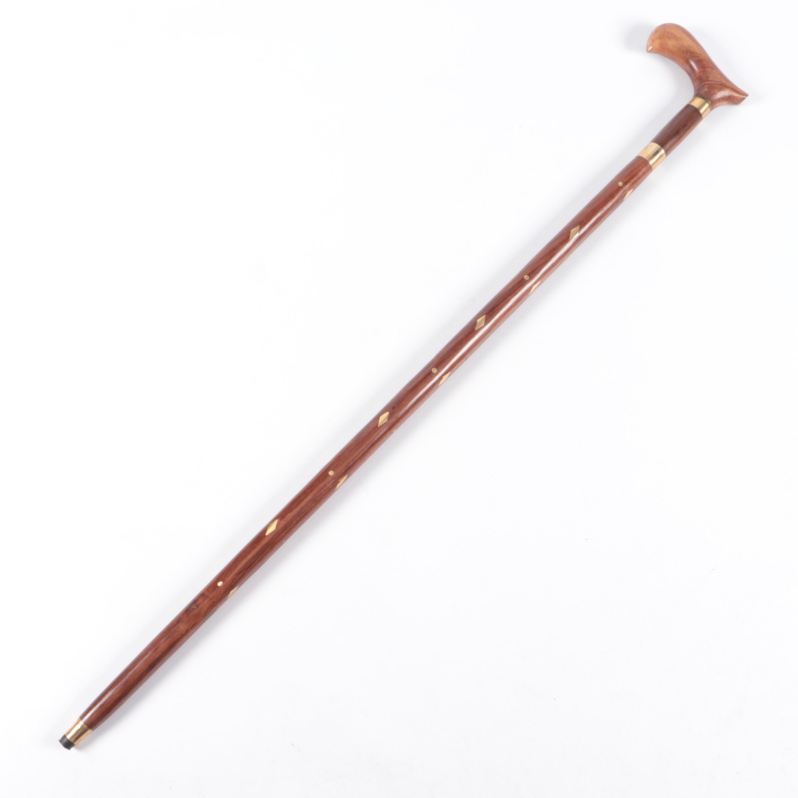 Turned Wood Sword Cane with Inlay Brass Diamond Motif