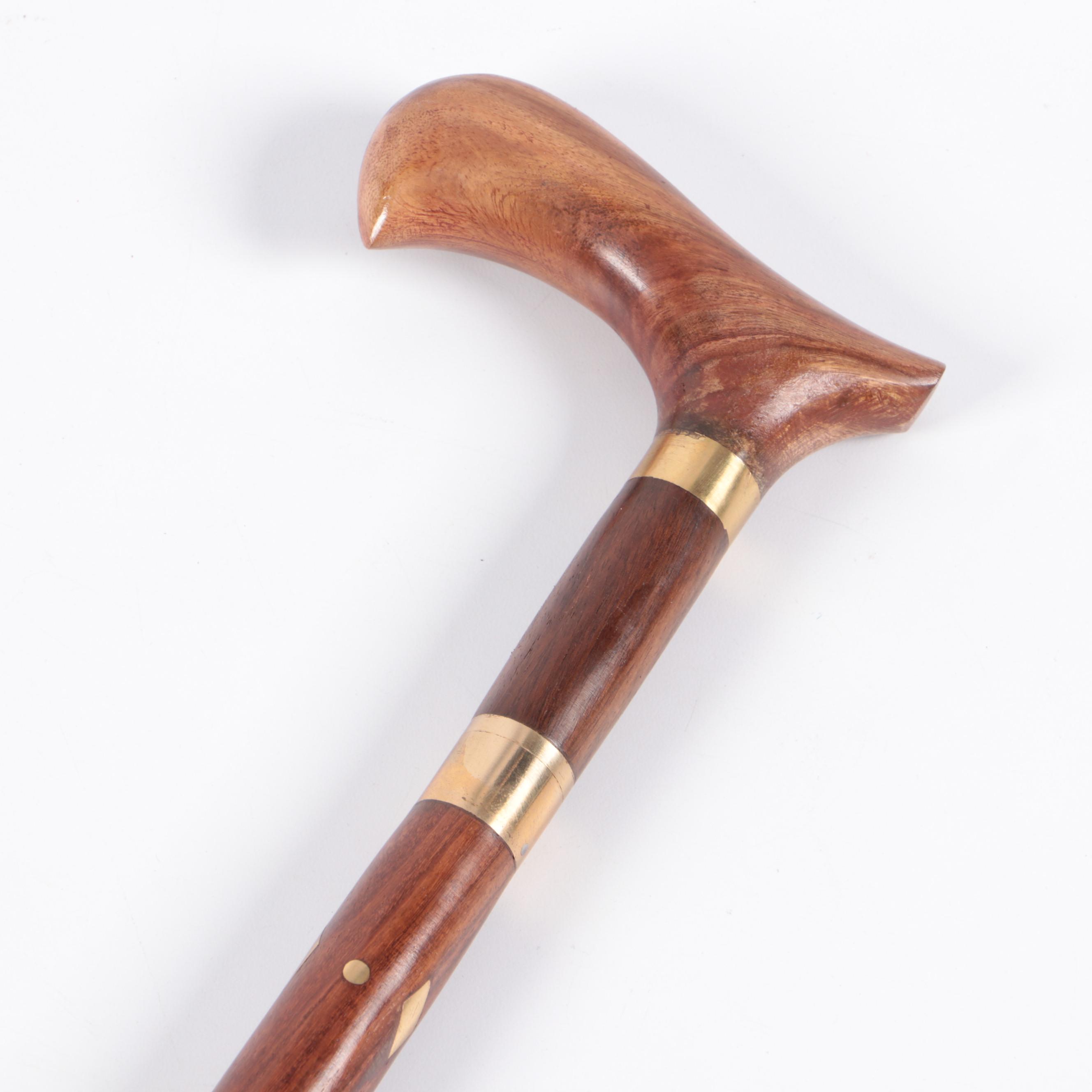 Turned Wood Sword Cane with Inlay Brass Diamond Motif