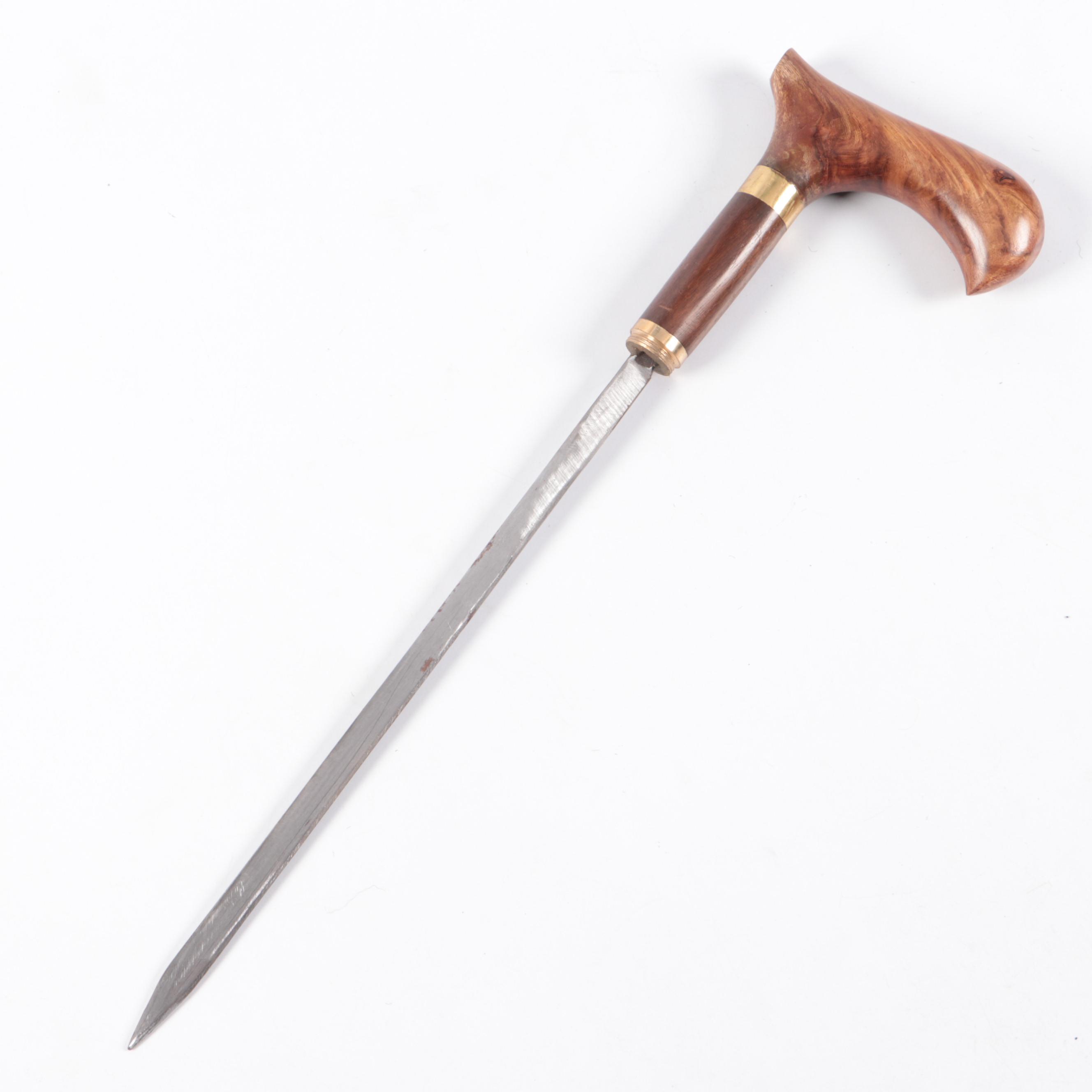 Turned Wood Sword Cane with Inlay Brass Diamond Motif