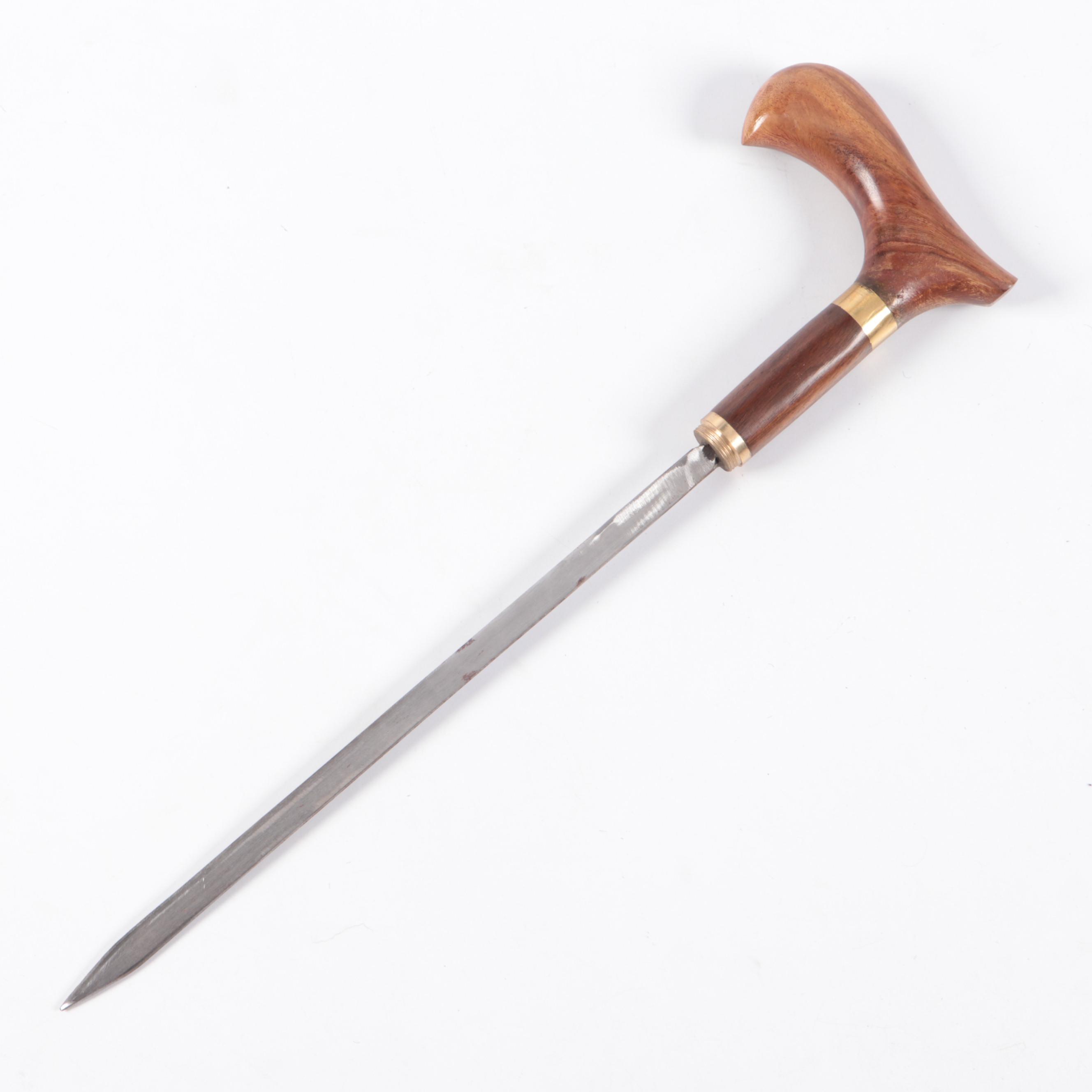 Turned Wood Sword Cane with Inlay Brass Diamond Motif