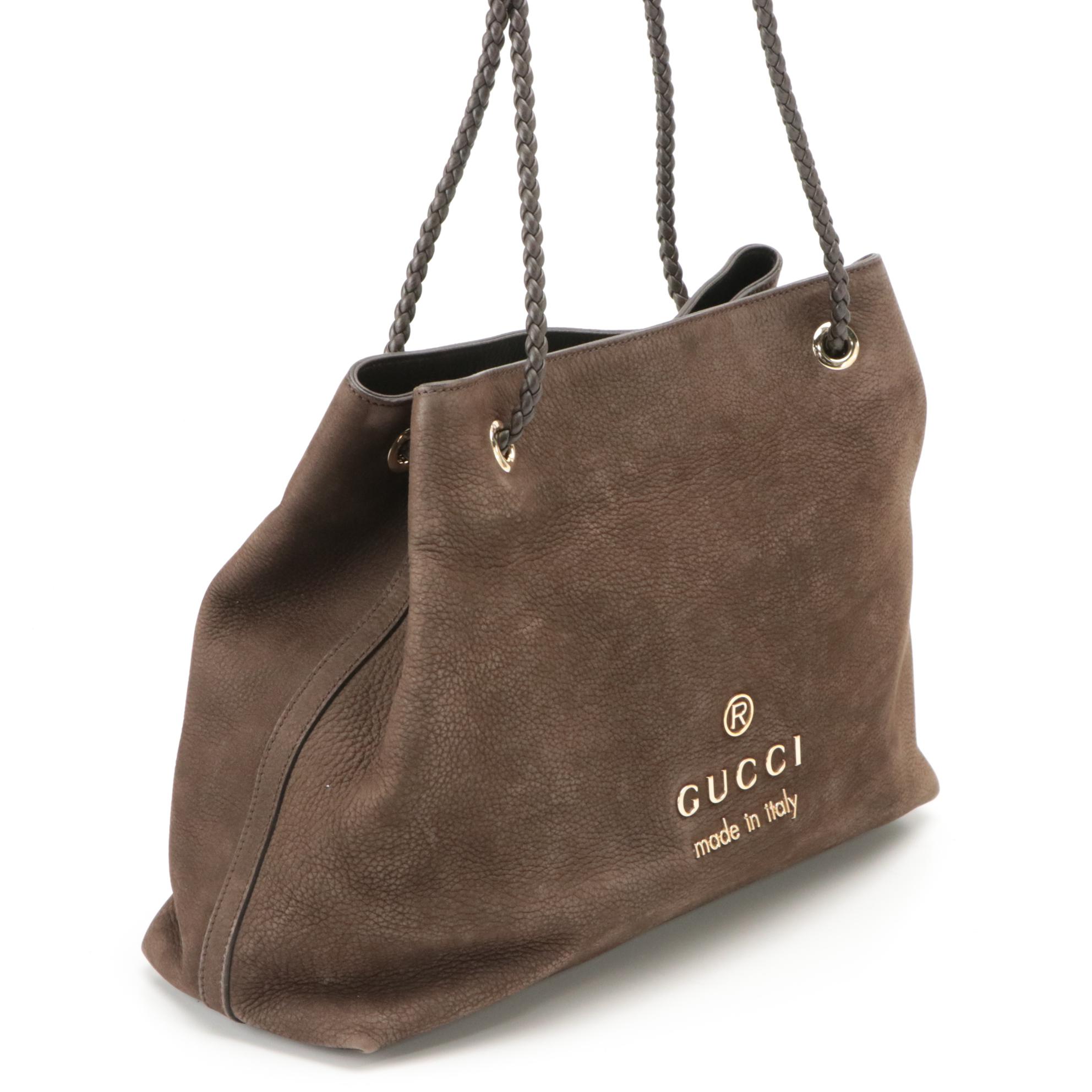 Gucci Gifford Tote in Brown Pebbled Calfskin with Braided Leather Straps