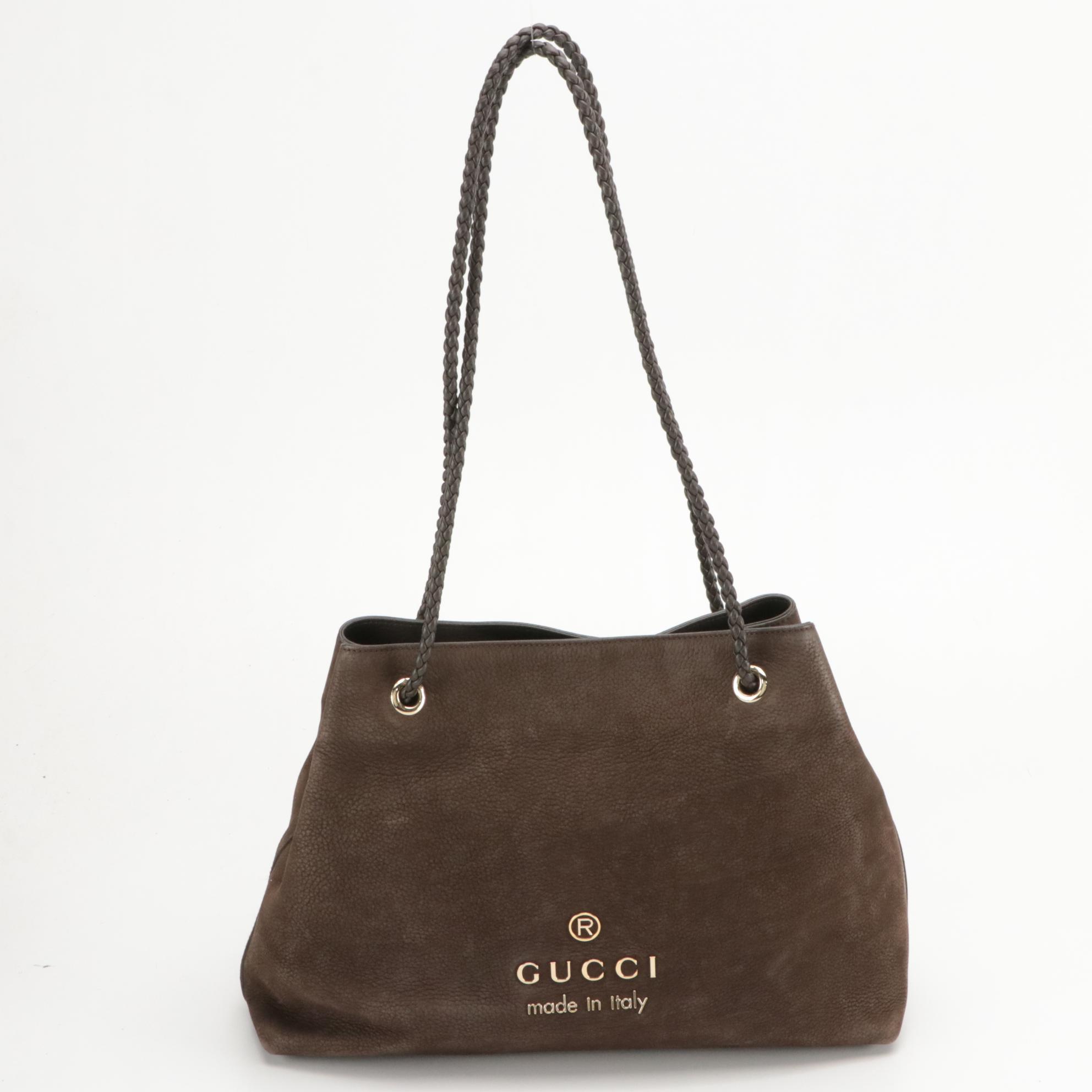 Gucci Gifford Tote in Brown Pebbled Calfskin with Braided Leather Straps