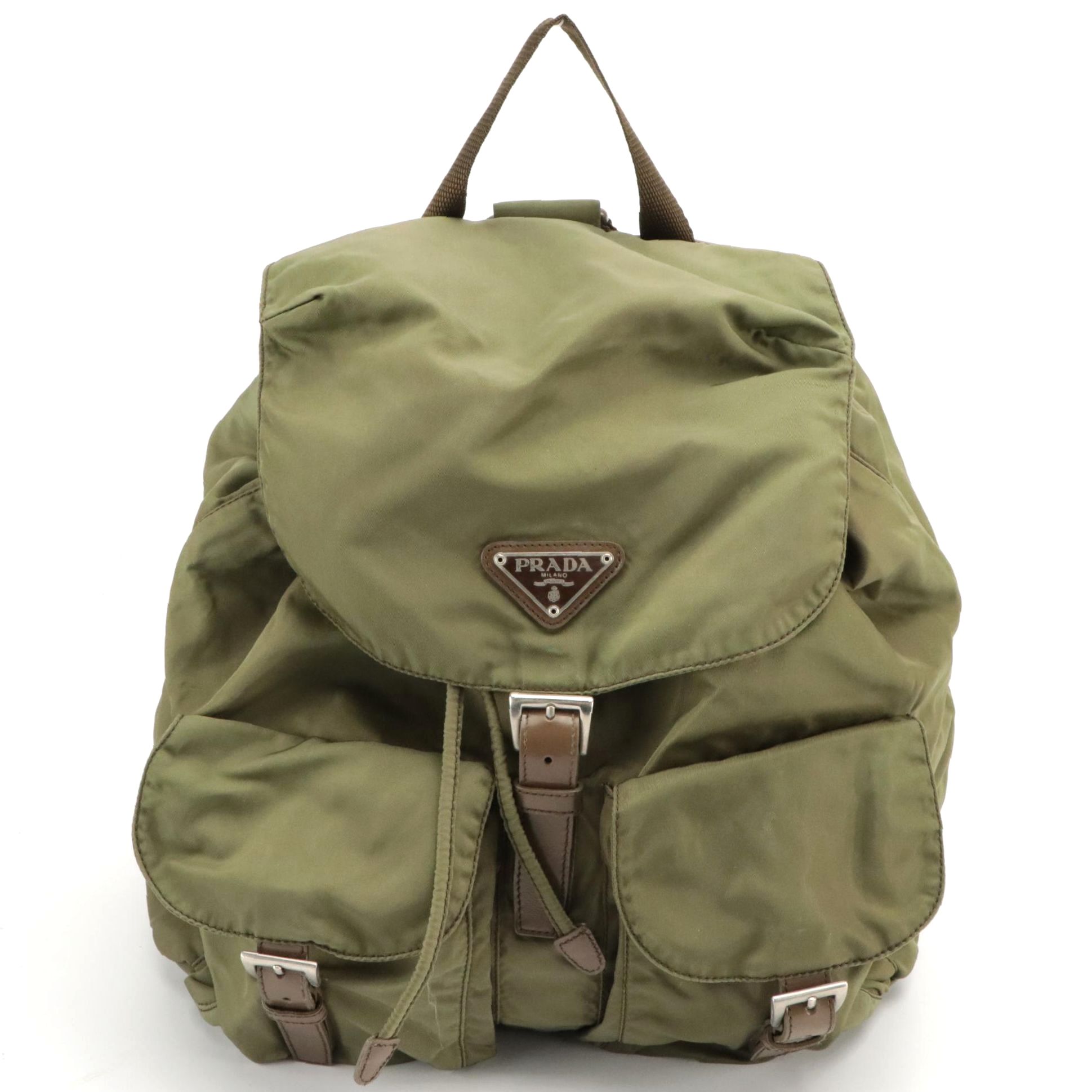 Prada Small Rucksack Backpack in Army Green Nylon Gabardine and Brown Leather