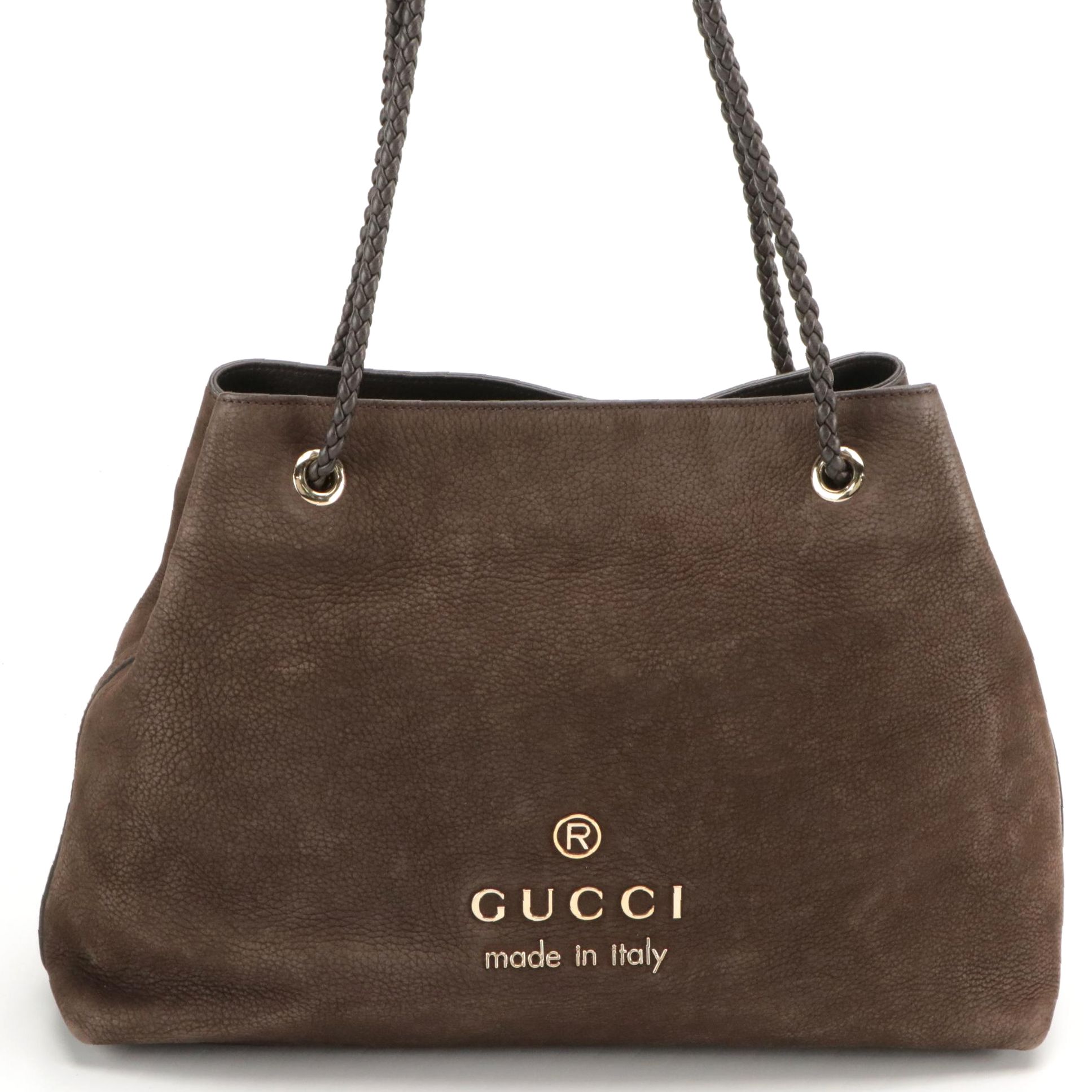 Gucci Gifford Tote in Brown Pebbled Calfskin with Braided Leather Straps
