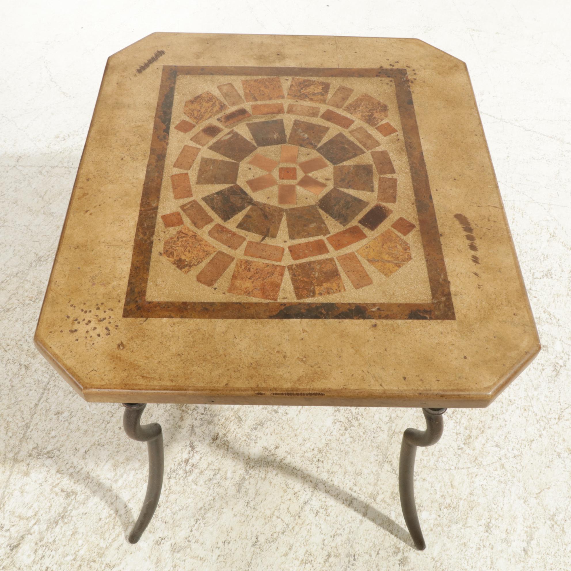 Rustic Metal Side Table with Inlaid Stone Top